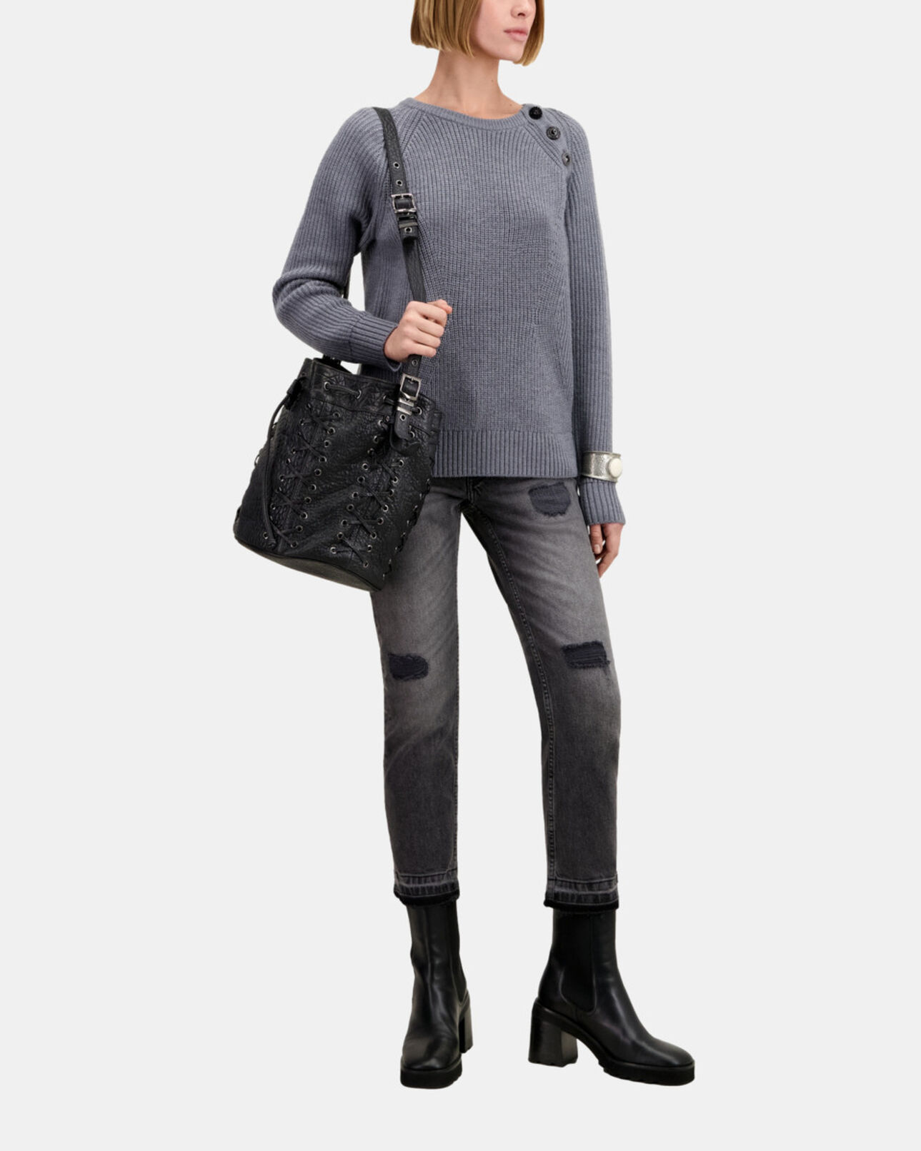 The Kooples WOMEN MIDDLE GREY MEL grey wool sweater with bijou buttons