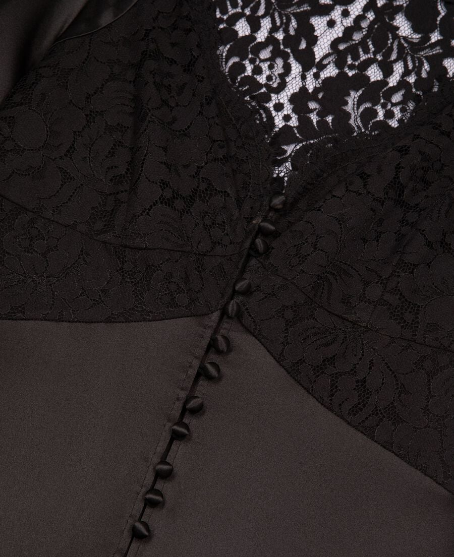 The Kooples DAMEN BLACK langes kleid aus seide mit schwarzer spitze