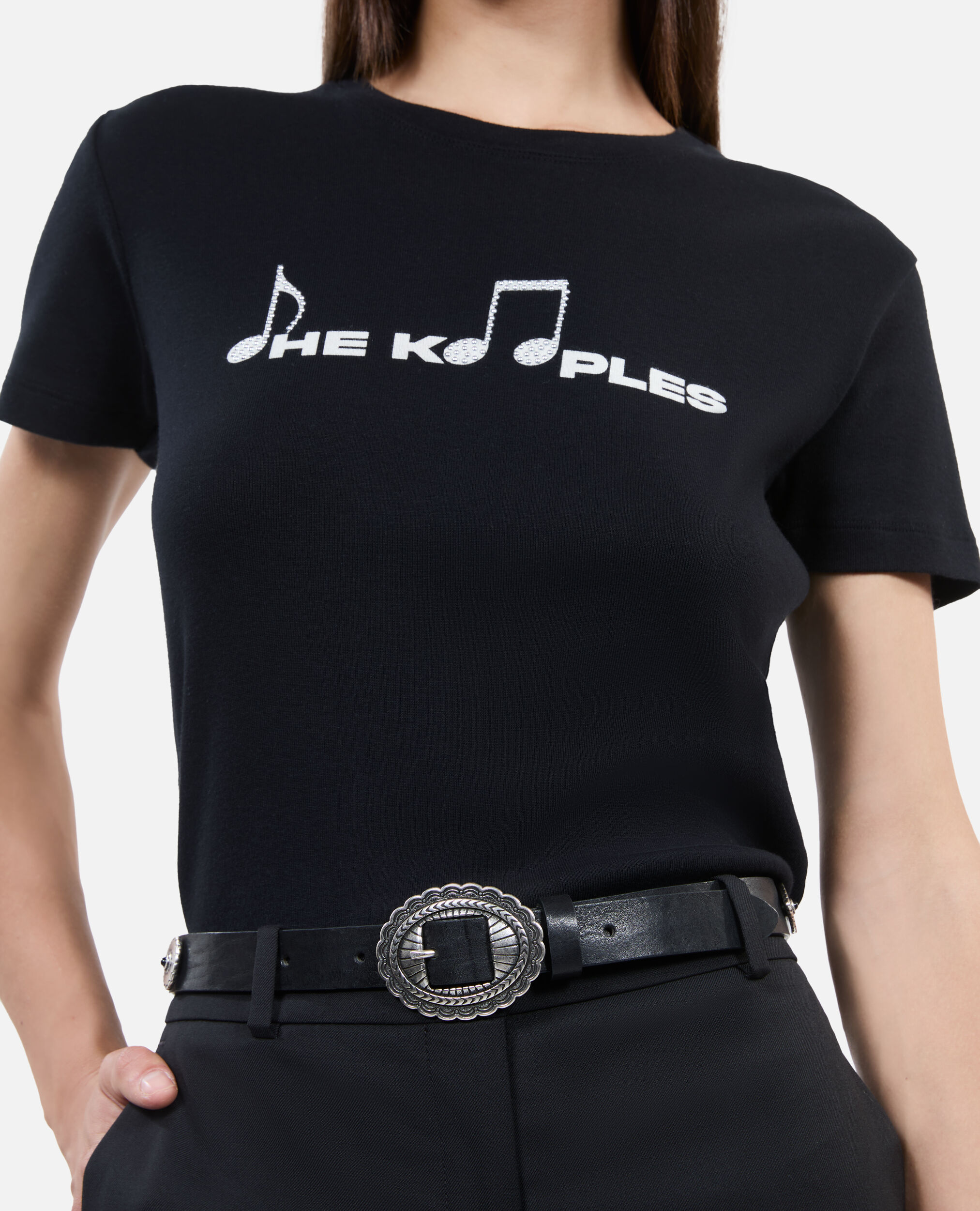 Thin black leather belt with rivets, BLACK, hi-res image number null