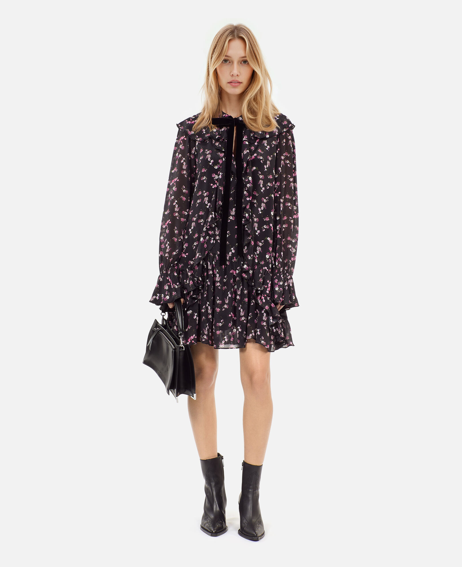 The Kooples MUJER BLACK vestido corto volantes estampado floral