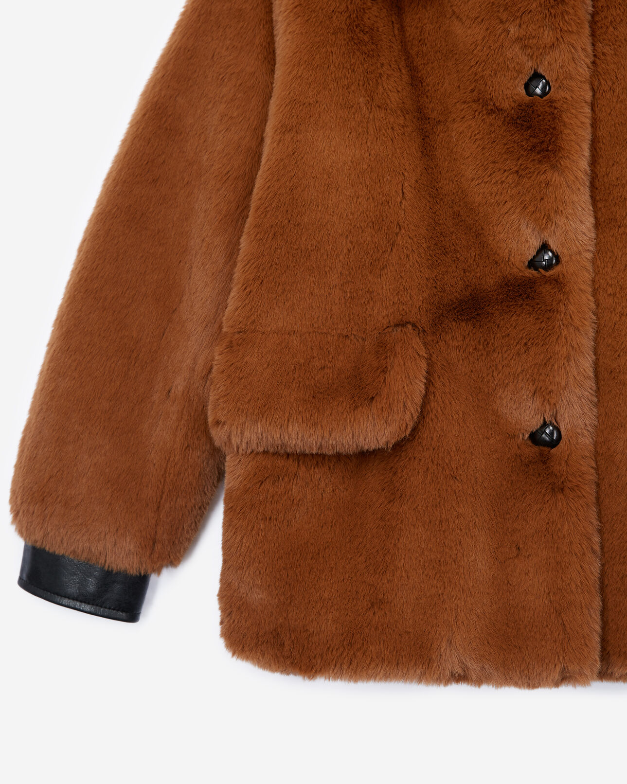 The Kooples WOMEN COGNAC brown faux fur coat with leather details