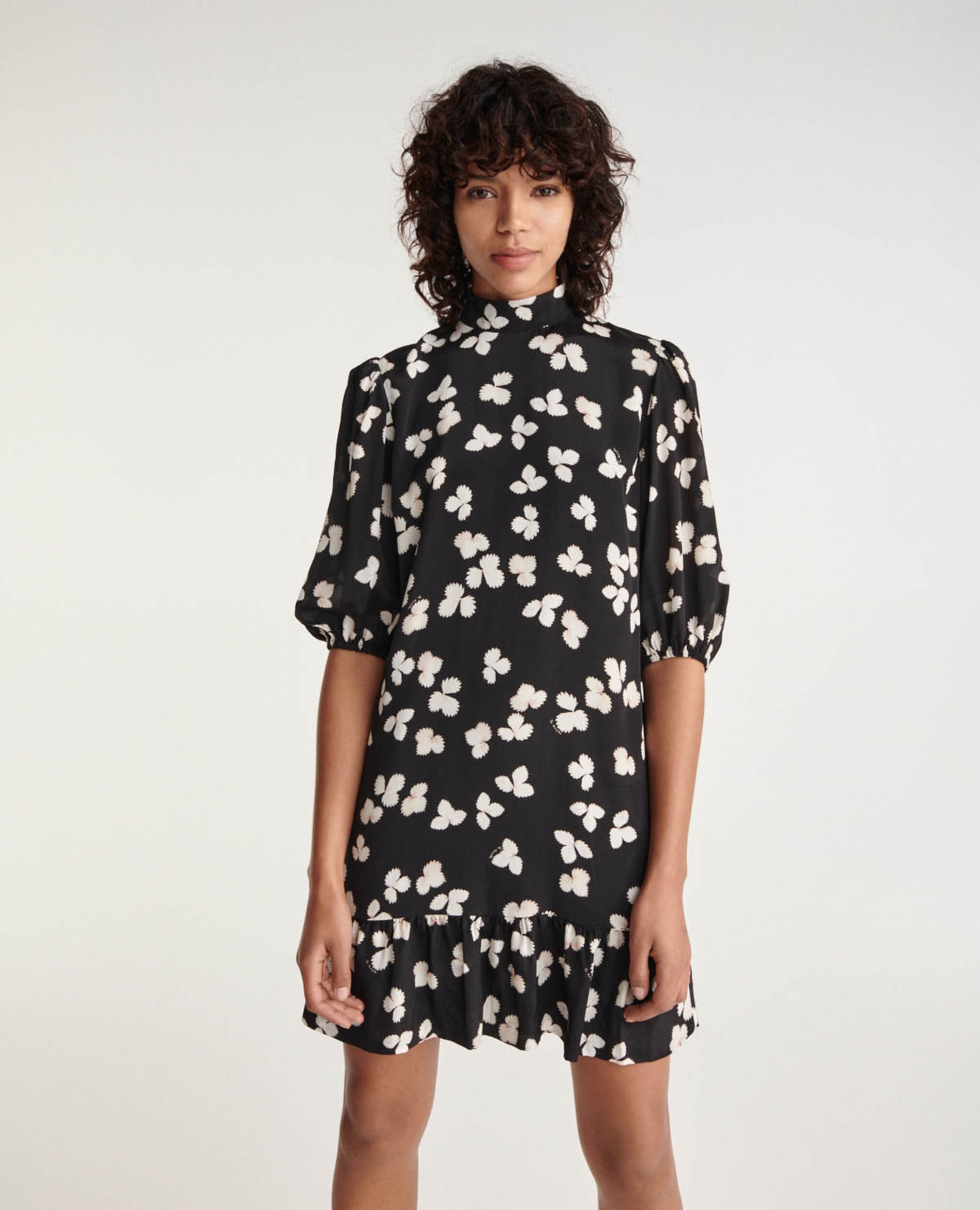 Short black dress ecru pattern and high neck | The Kooples