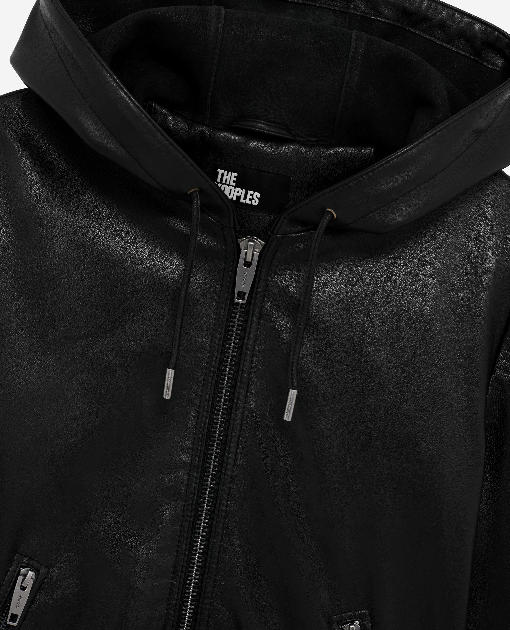 Black leather hooded jacket, BLACK, hi-res image number null