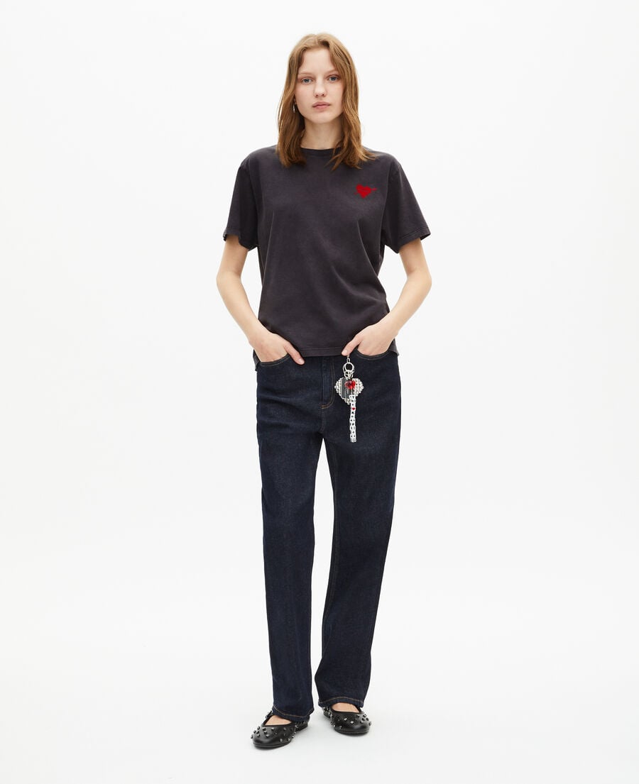The Kooples WOMEN BLACK WASHED black t-shirt with heart flocking