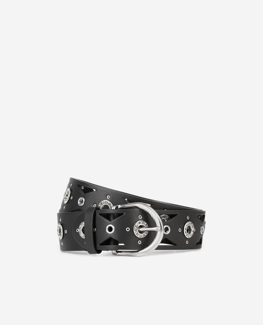 The Kooples FEMME BLACK ceinture en cuir noir avec d&eacute;coupes et &oelig;illets &agrave; strass