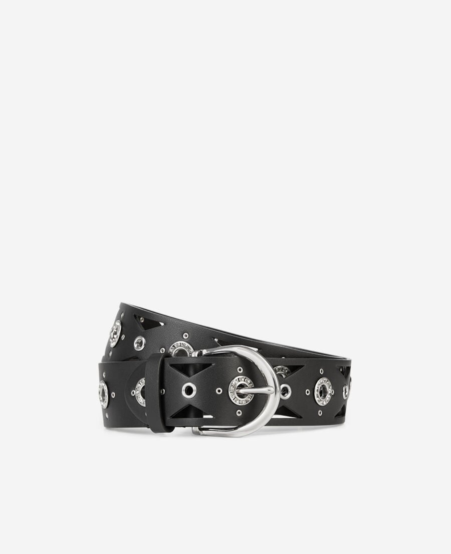 The Kooples WOMEN BLACK black leather belt with cutouts and rhinestone eyelets