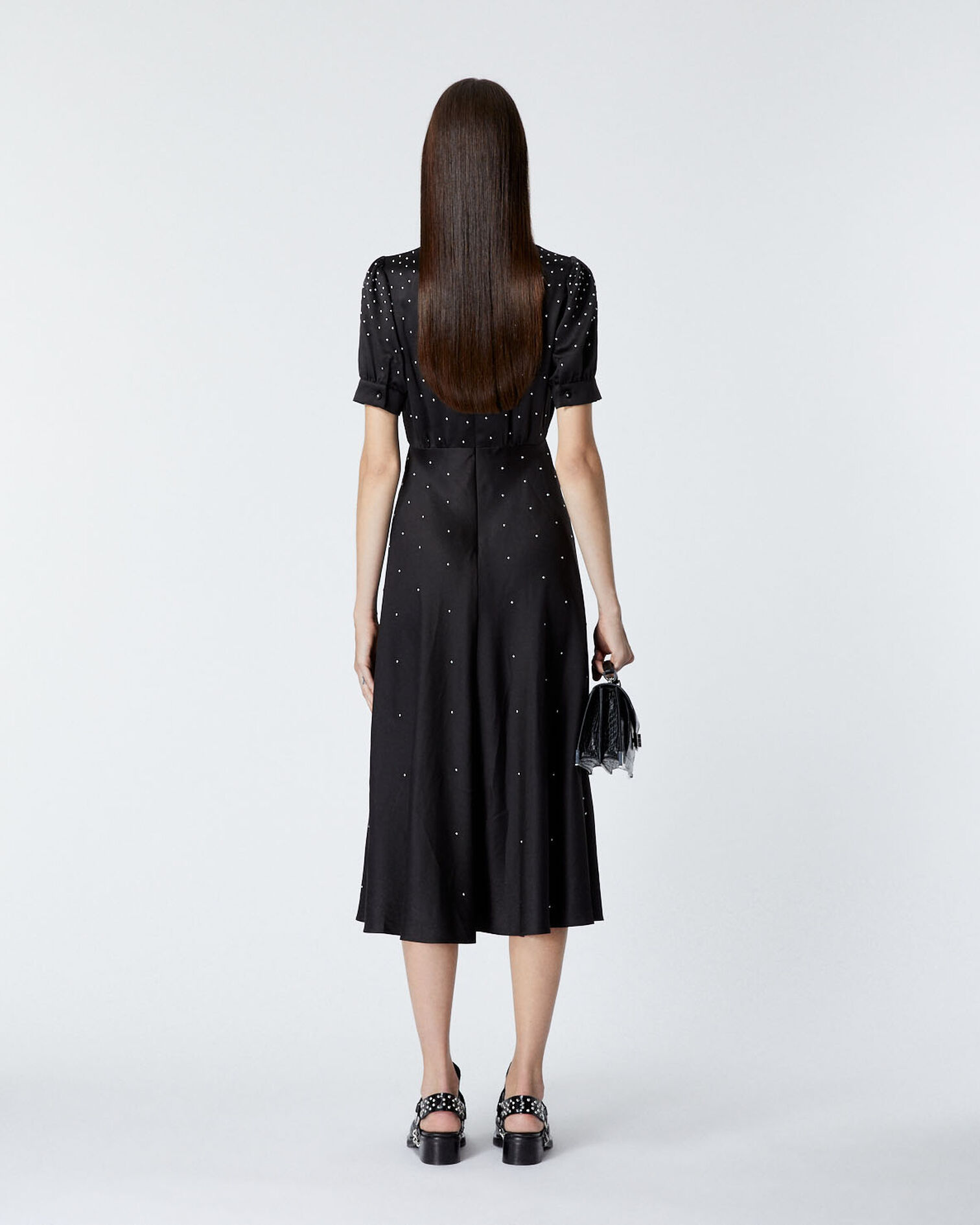 Satin long black dress with studs, BLACK, hi-res image number null