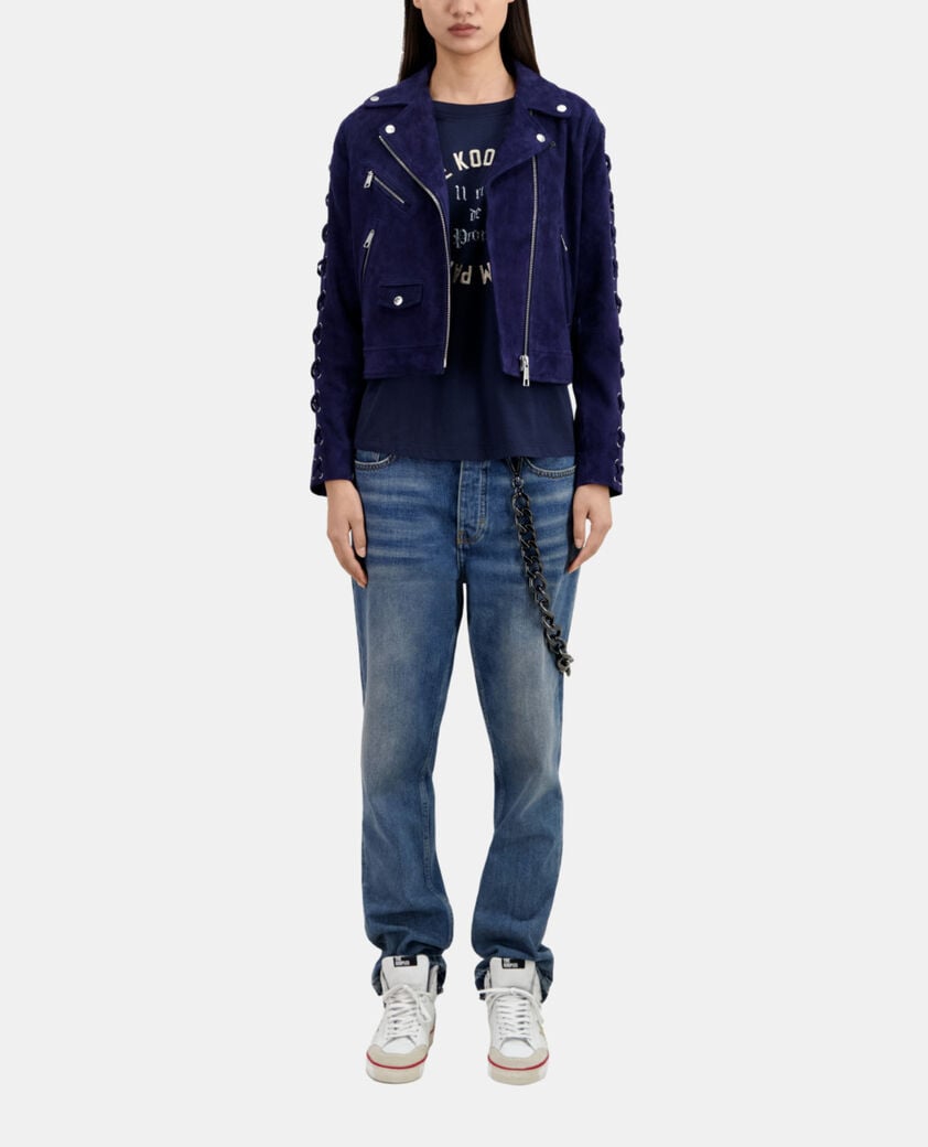 The Kooples FEMME DARK BLUE blouson biker en cuir suède bleu marine