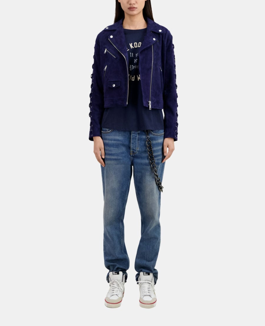 The Kooples FEMME DARK BLUE blouson biker en cuir suède bleu marine