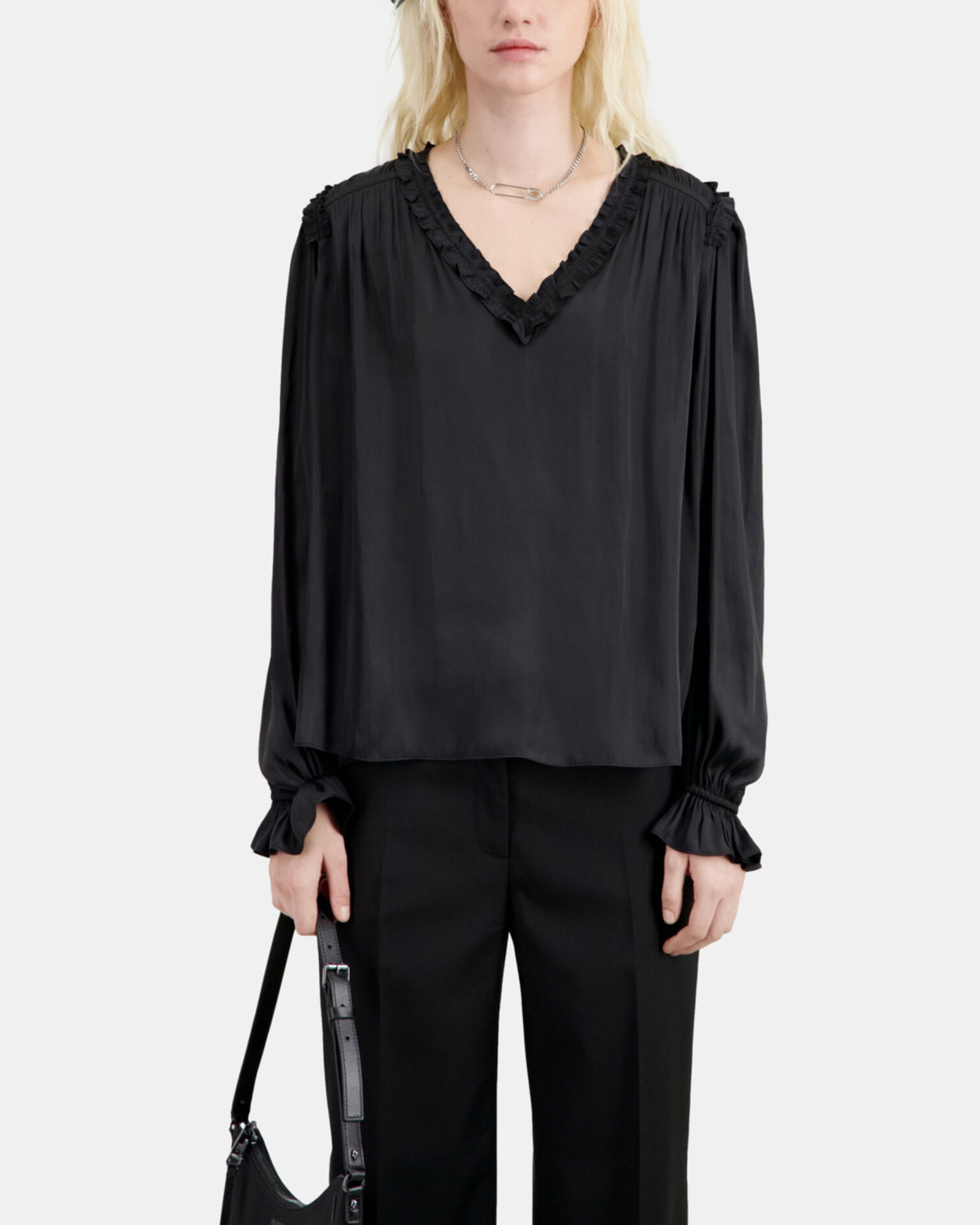 Black top with shirring, BLACK, hi-res image number null