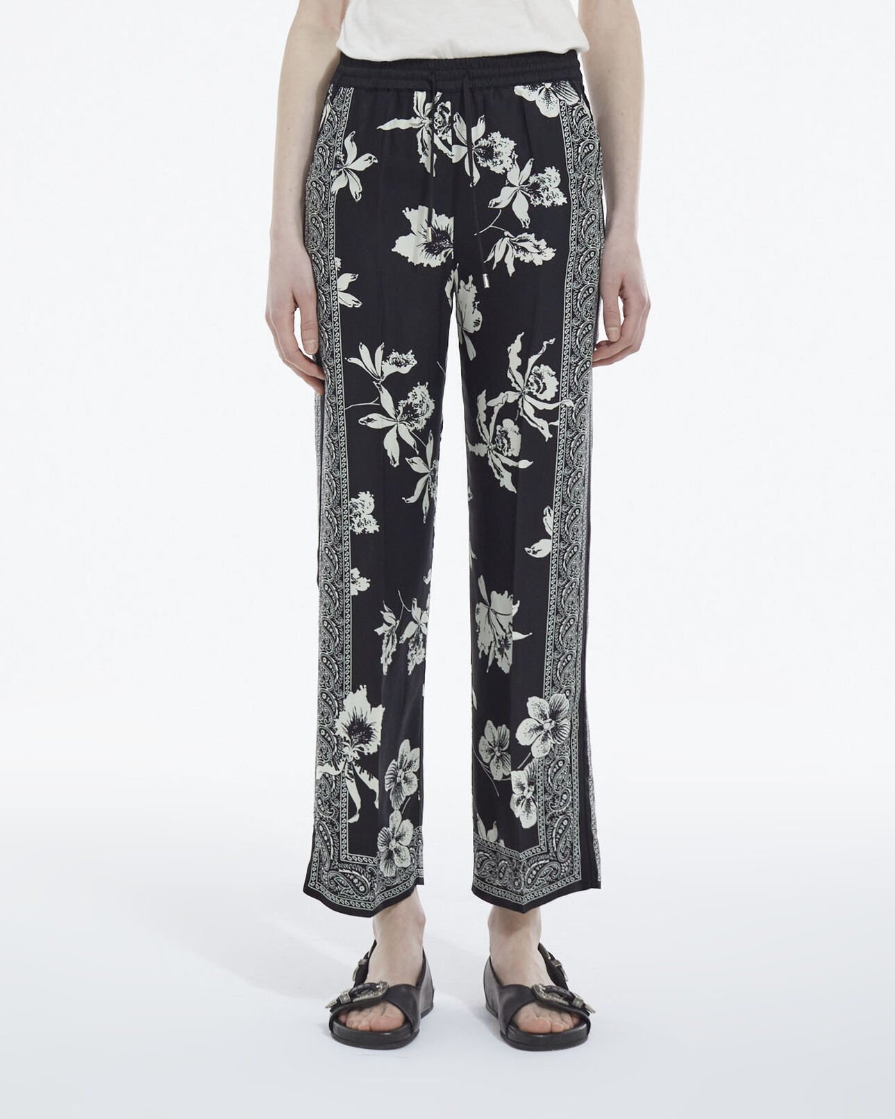The Kooples WOMEN BLACK WHITE flowing black - white pants with scarf motif