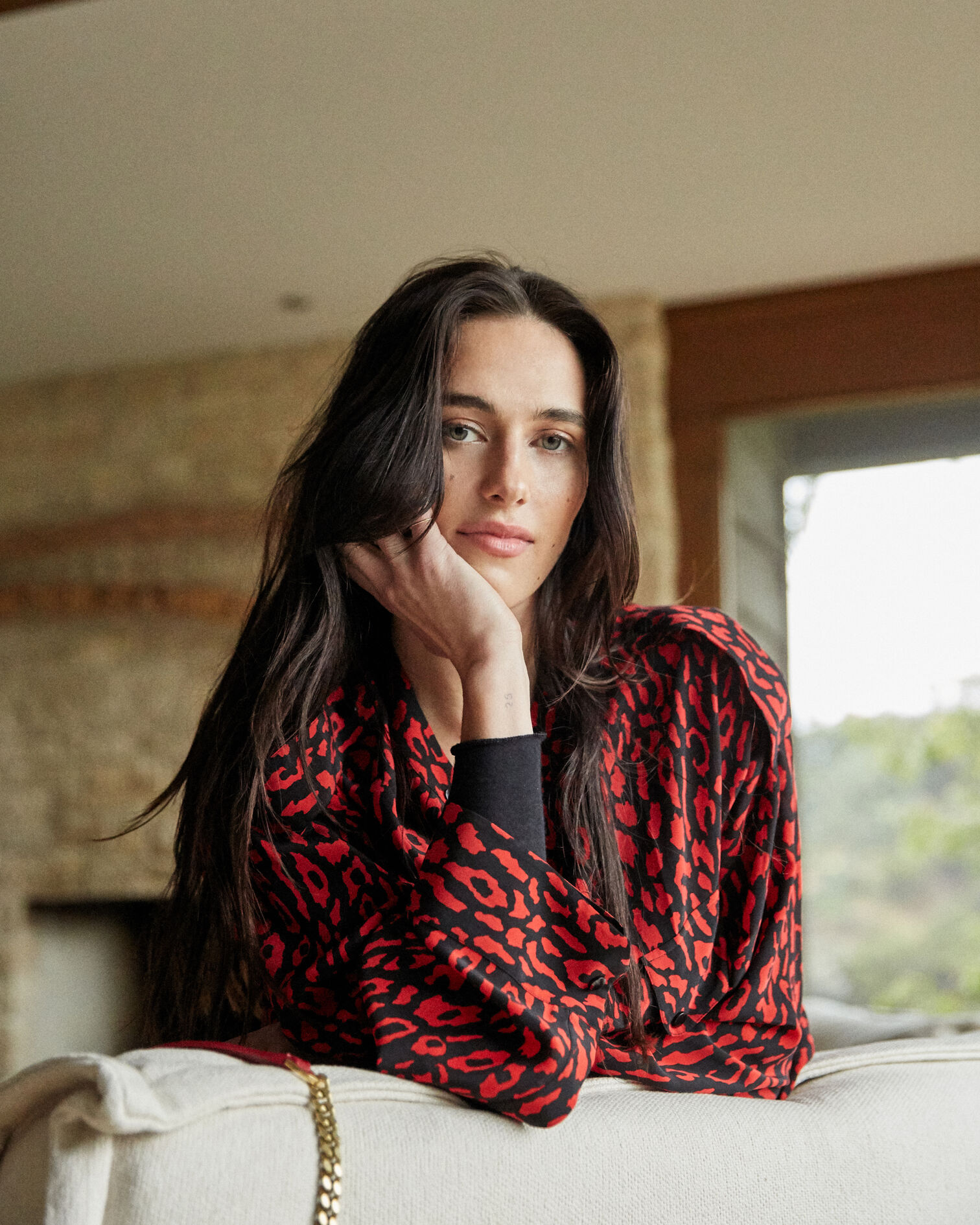 Oversized silk shirt with red leopard print, BLACK - RED, hi-res image number null