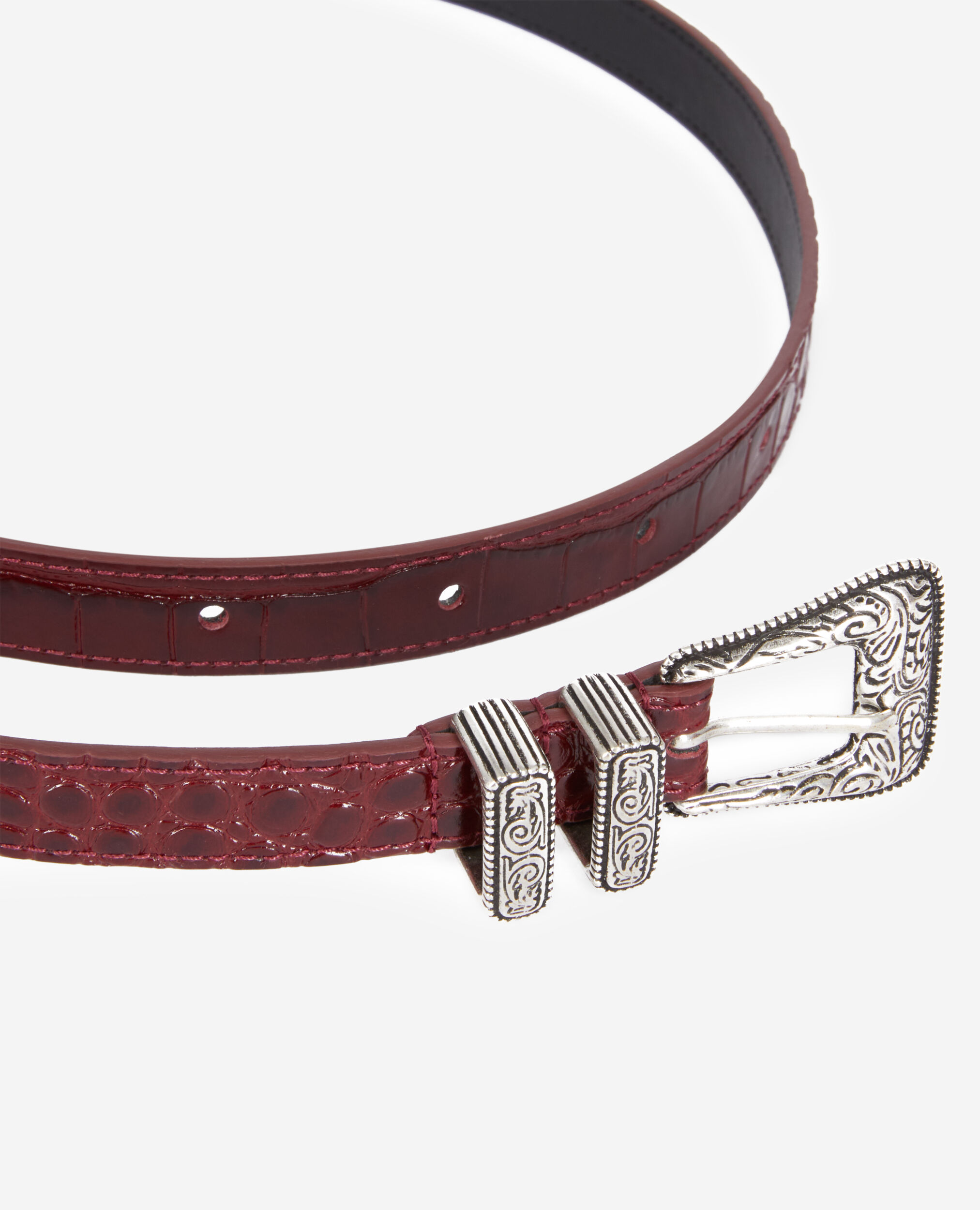 Burgundy crocodile-effect leather belt with Western buckle, BORDEAUX, hi-res image number null