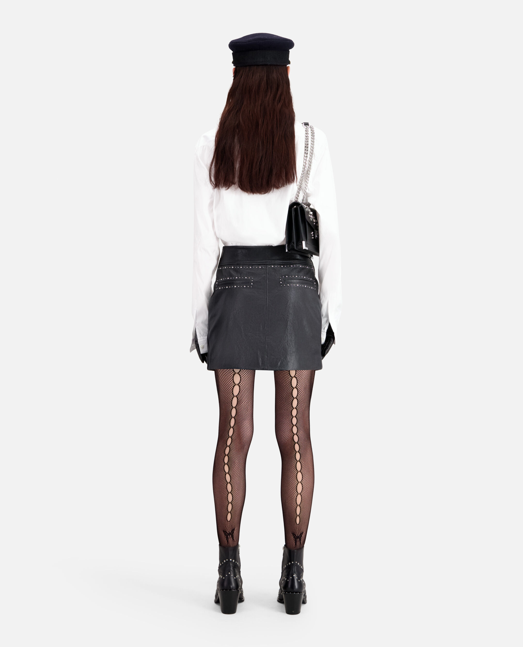 Short black leather skirt with studs, BLACK, hi-res image number null