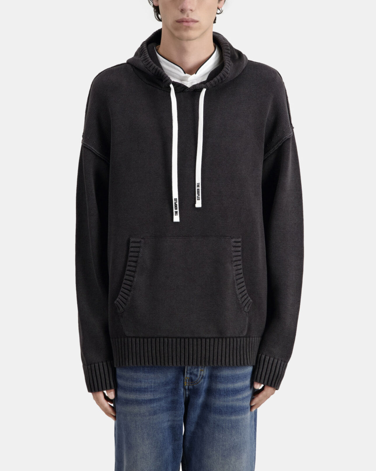 The Kooples MEN BLACK WASHED black cotton and wool hooded sweater