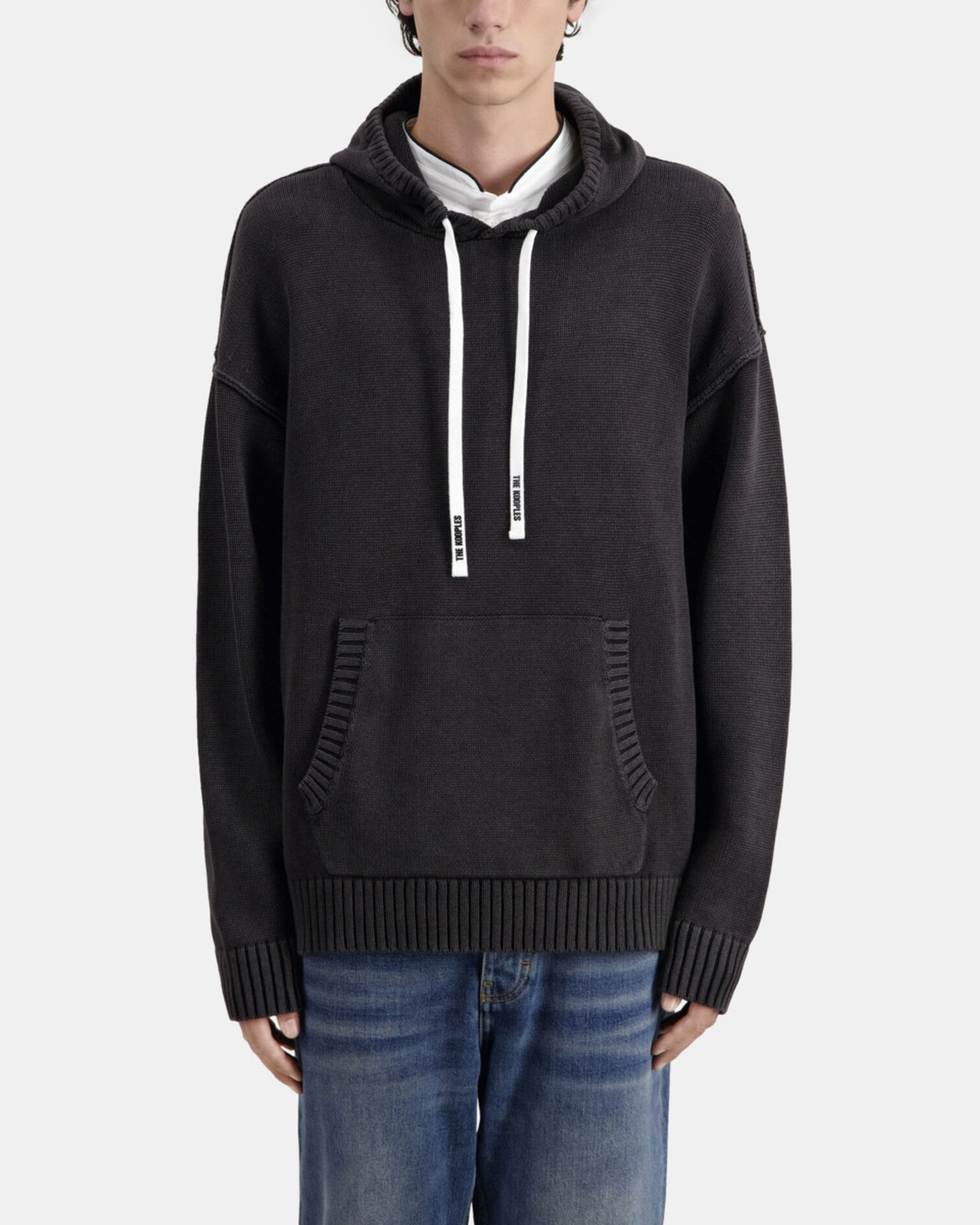 Black cotton and wool hooded sweater, BLACK WASHED, hi-res image number null