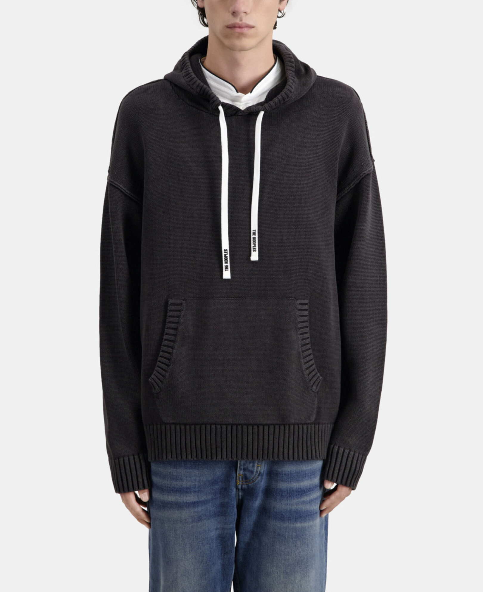The Kooples MEN BLACK WASHED black cotton and wool hooded sweater