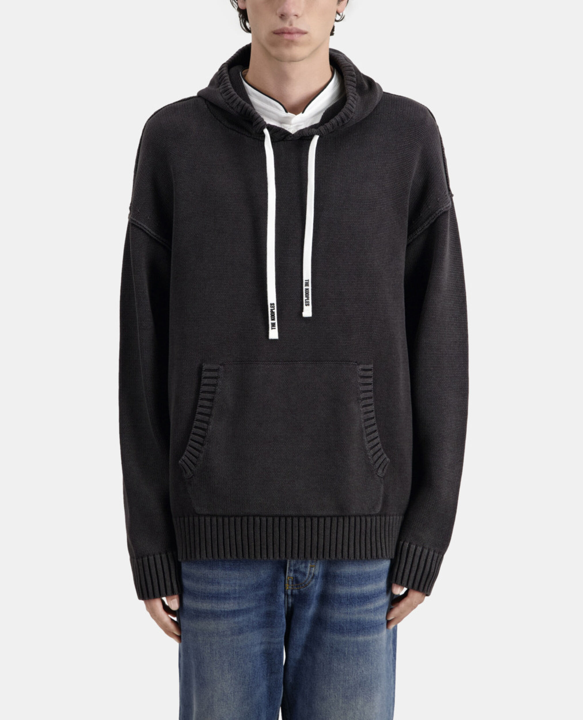 Black cotton and wool hooded sweater, BLACK WASHED, hi-res image number null