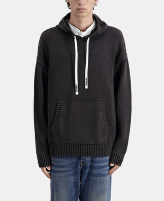 The Kooples H BLACK WASHED black cotton and wool hooded sweater