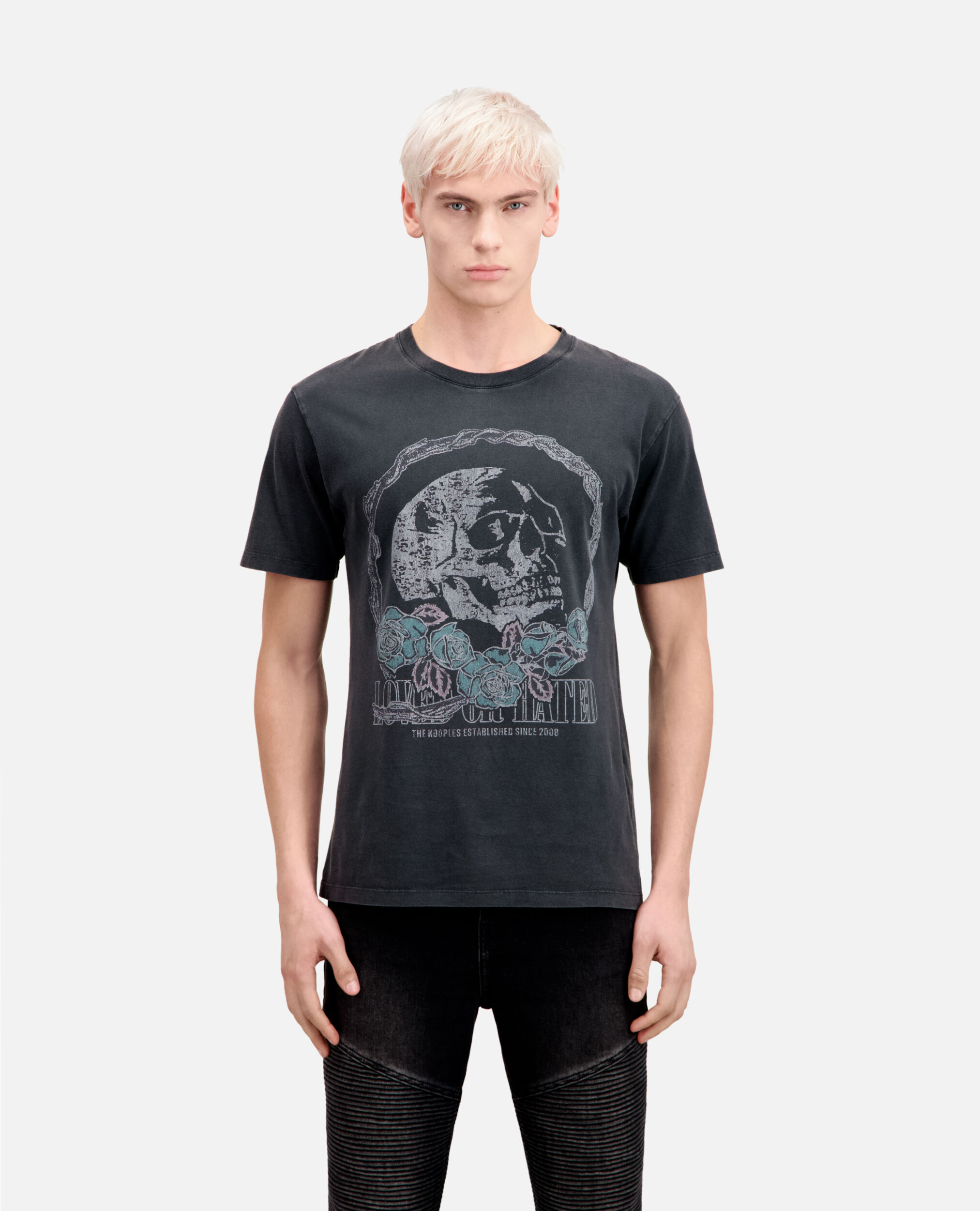 T-shirt Homme noir avec sérigraphie Vintage skull, BLACK WASHED, hi-res image number null