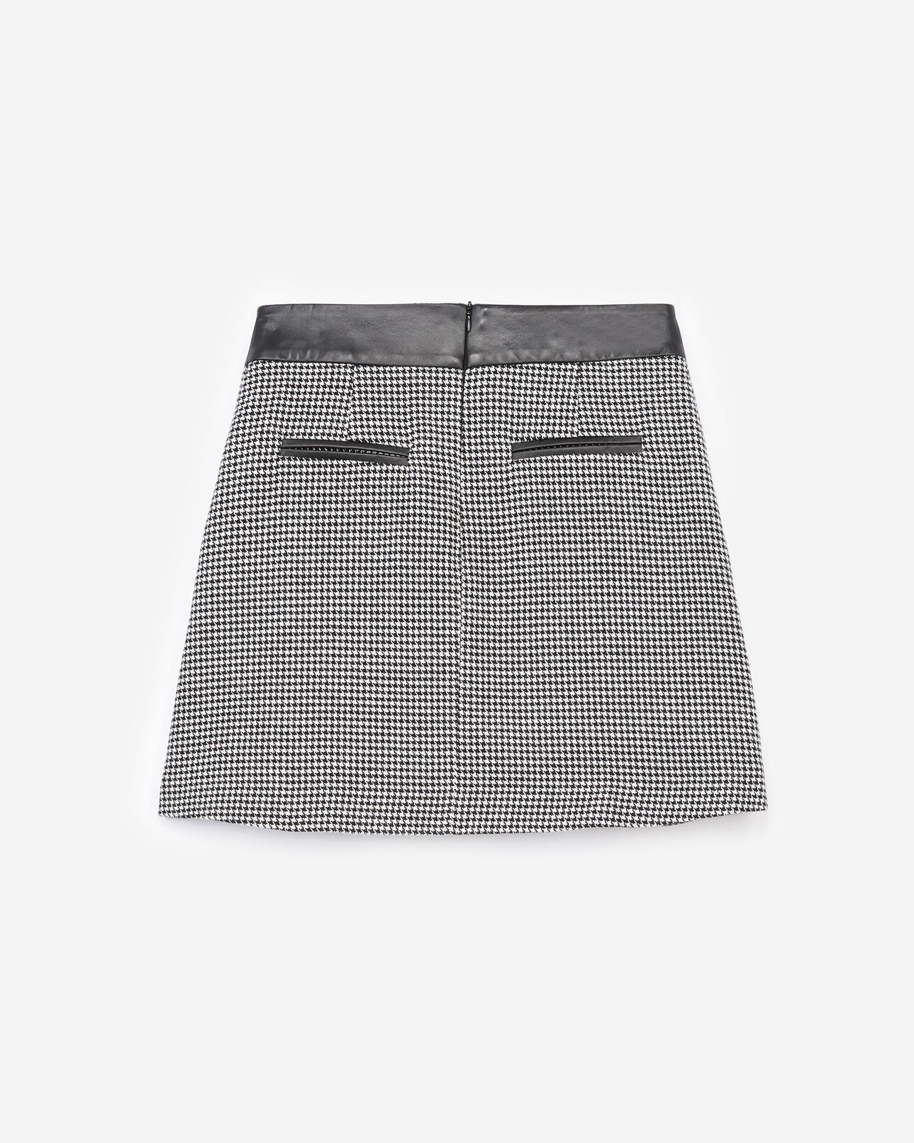 The Kooples WOMEN BLACK houndstooth wool skirt with leather details