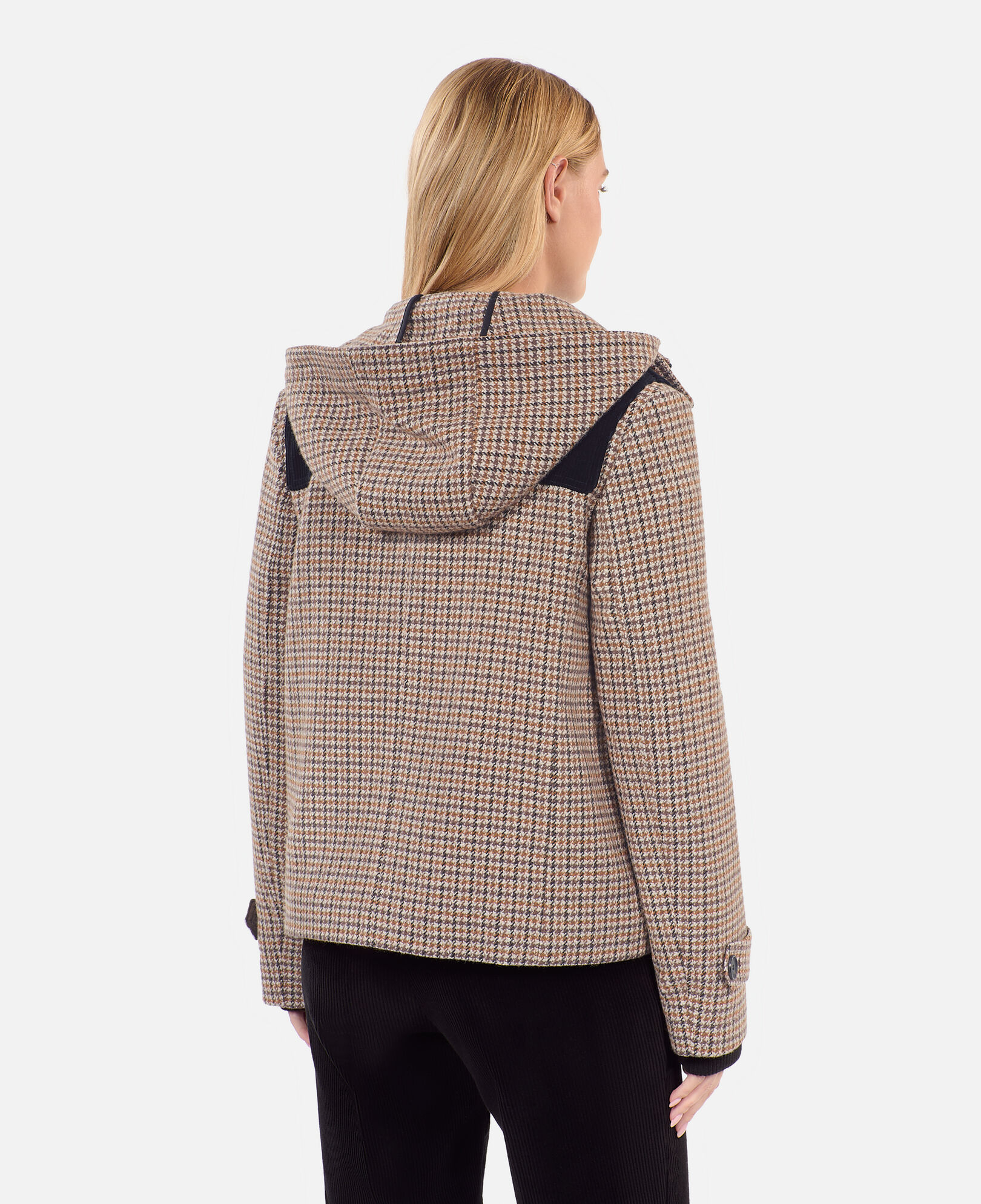 The Kooples WOMEN BEIGE-BROWN beige houndstooth hooded pea coat