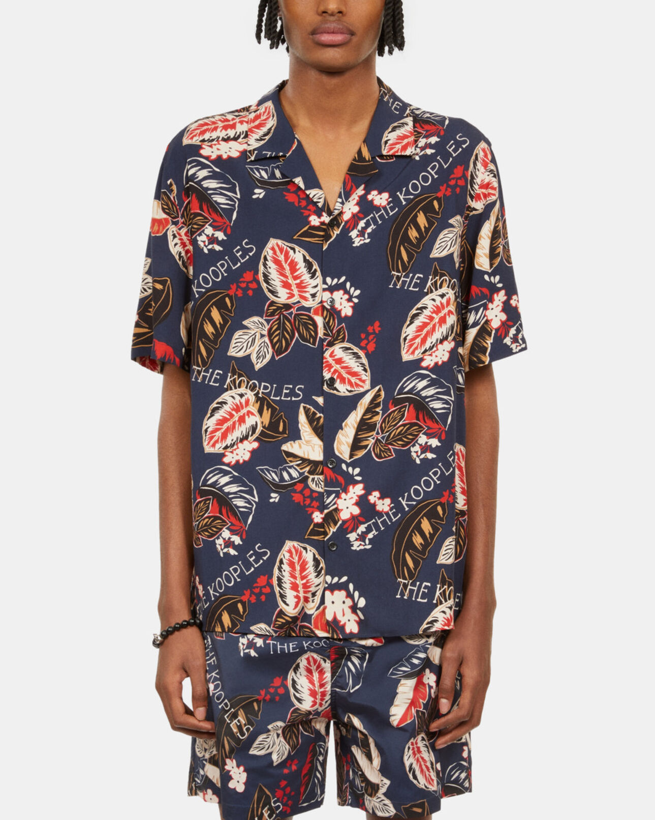The Kooples MEN NAVY navy leaf print short sleeve shirt