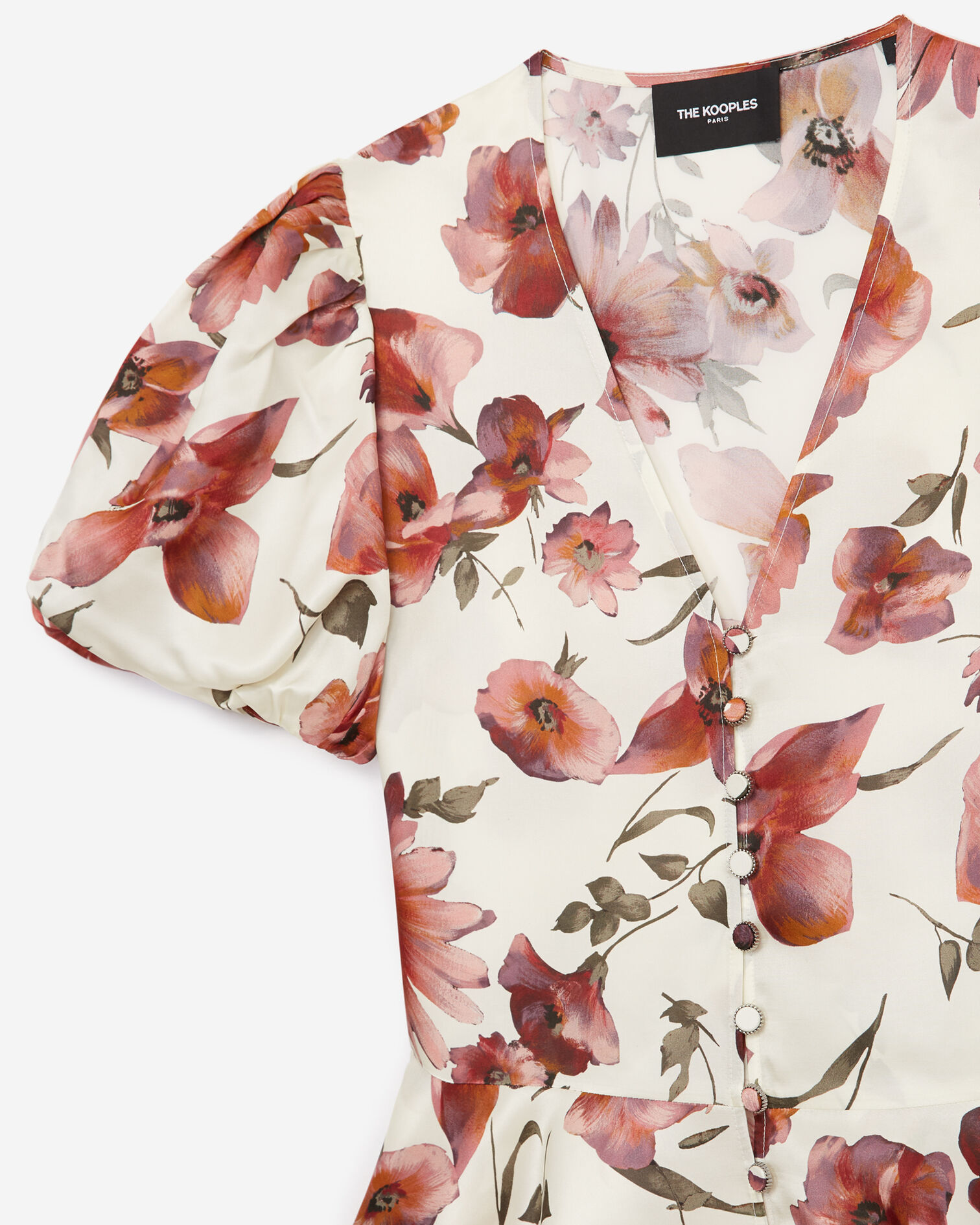 Printed ecru top with floral motif and peplum, ECRU, hi-res image number null