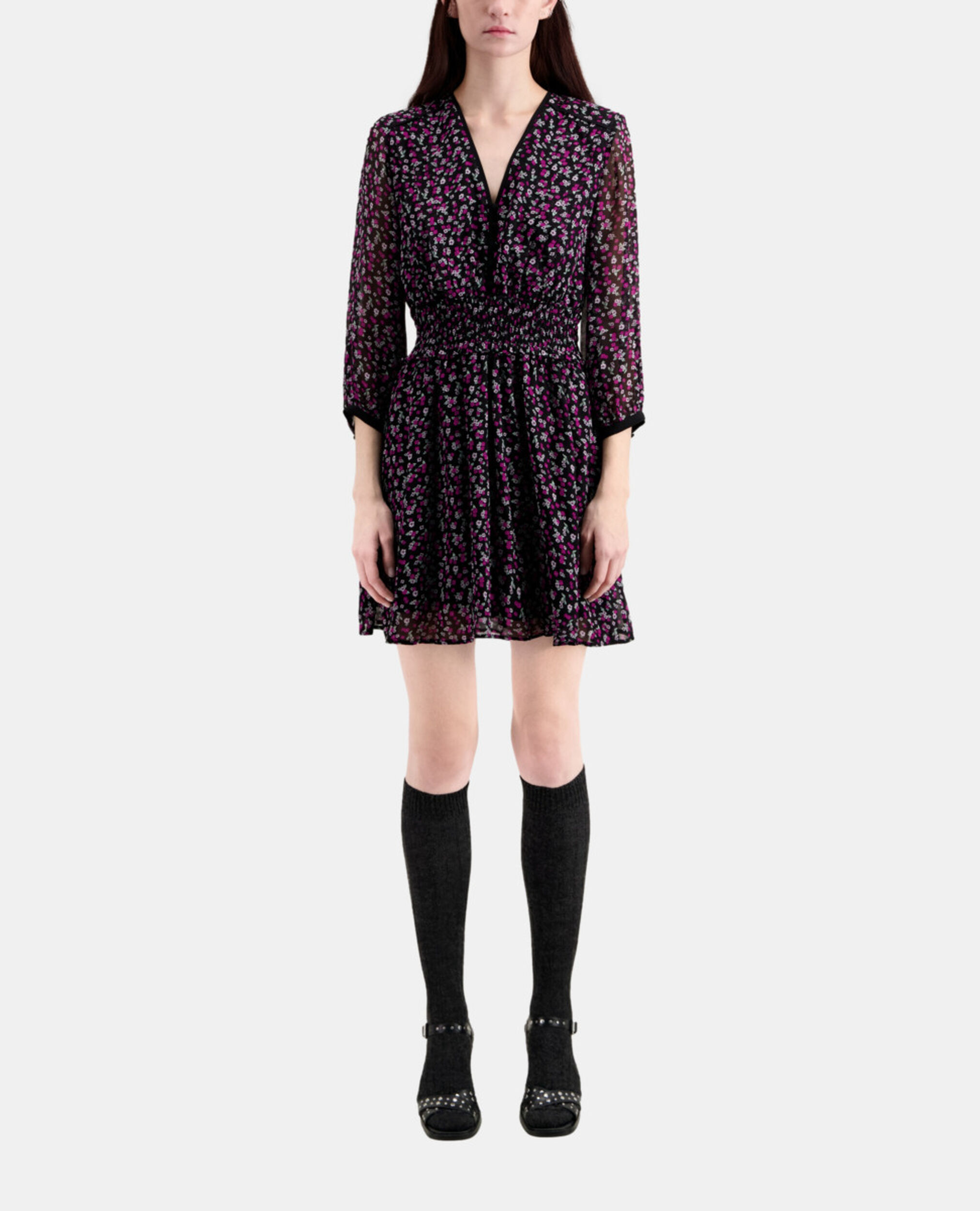 Vestido corto estampado fruncidos, BLACK / PINK, hi-res image number null