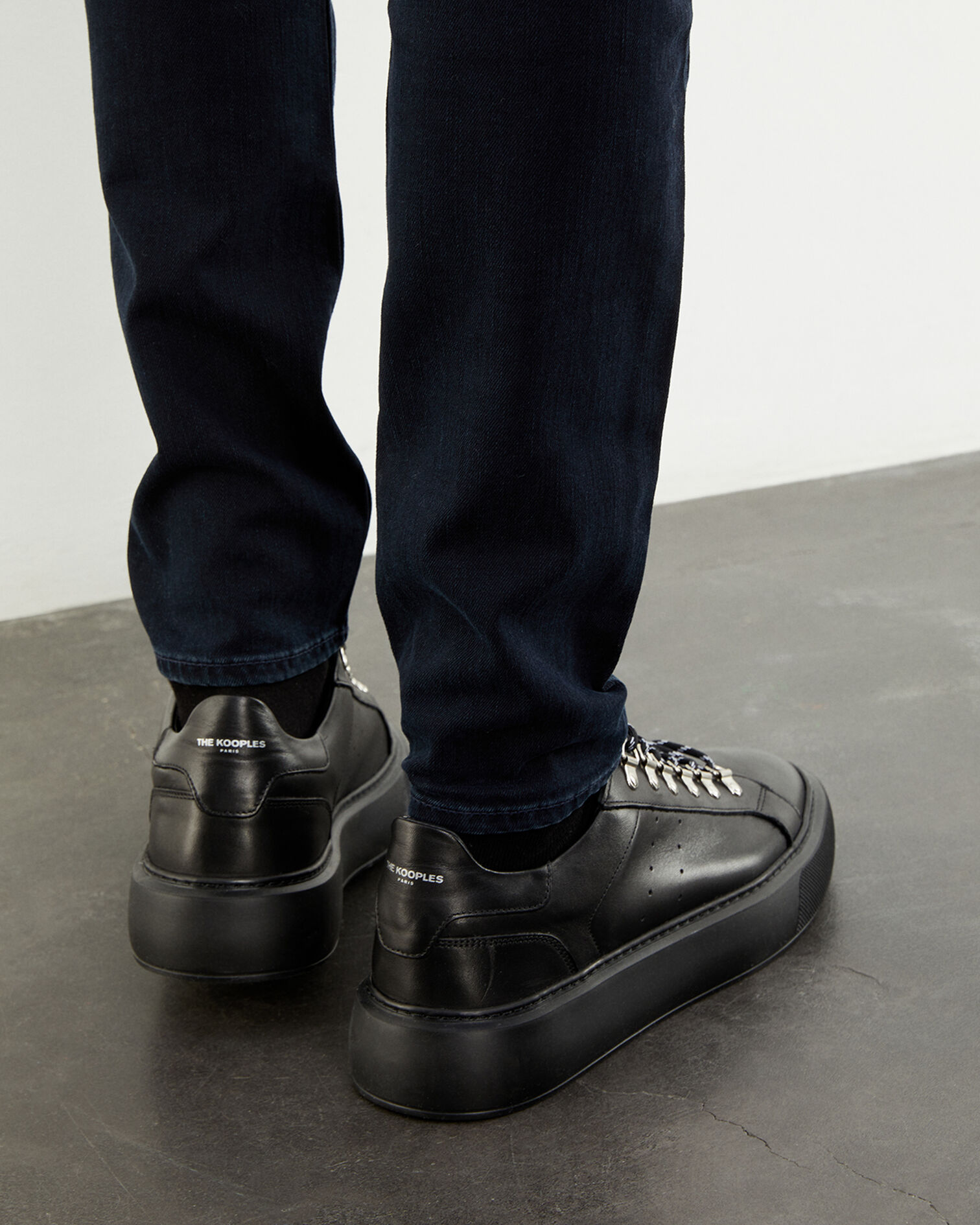 Wedge black sneakers in leather with eyelets, BLACK, hi-res image number null