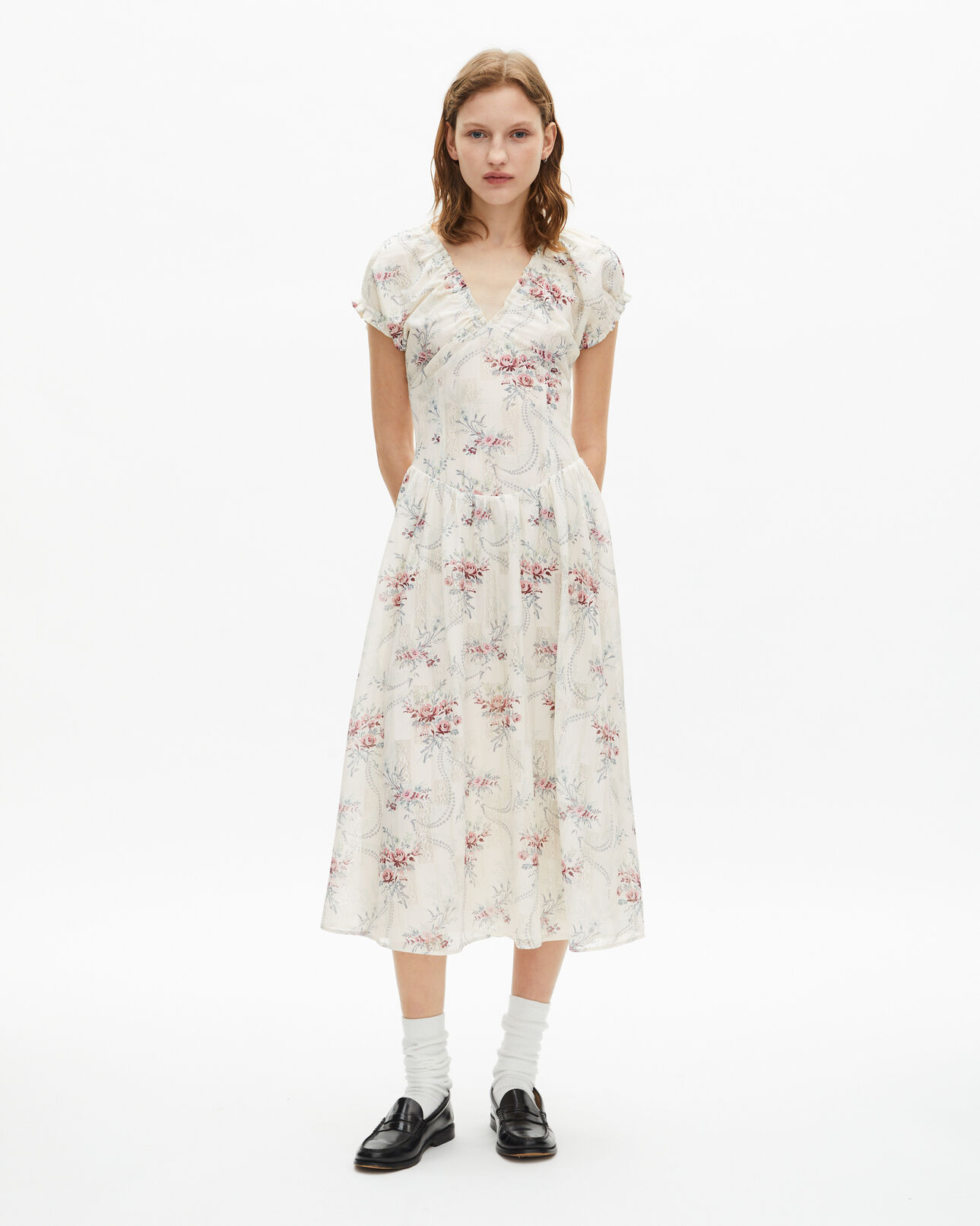 The Kooples DAMEN OFF WHITE / PINK langes weißes kleid mit blumenmuster