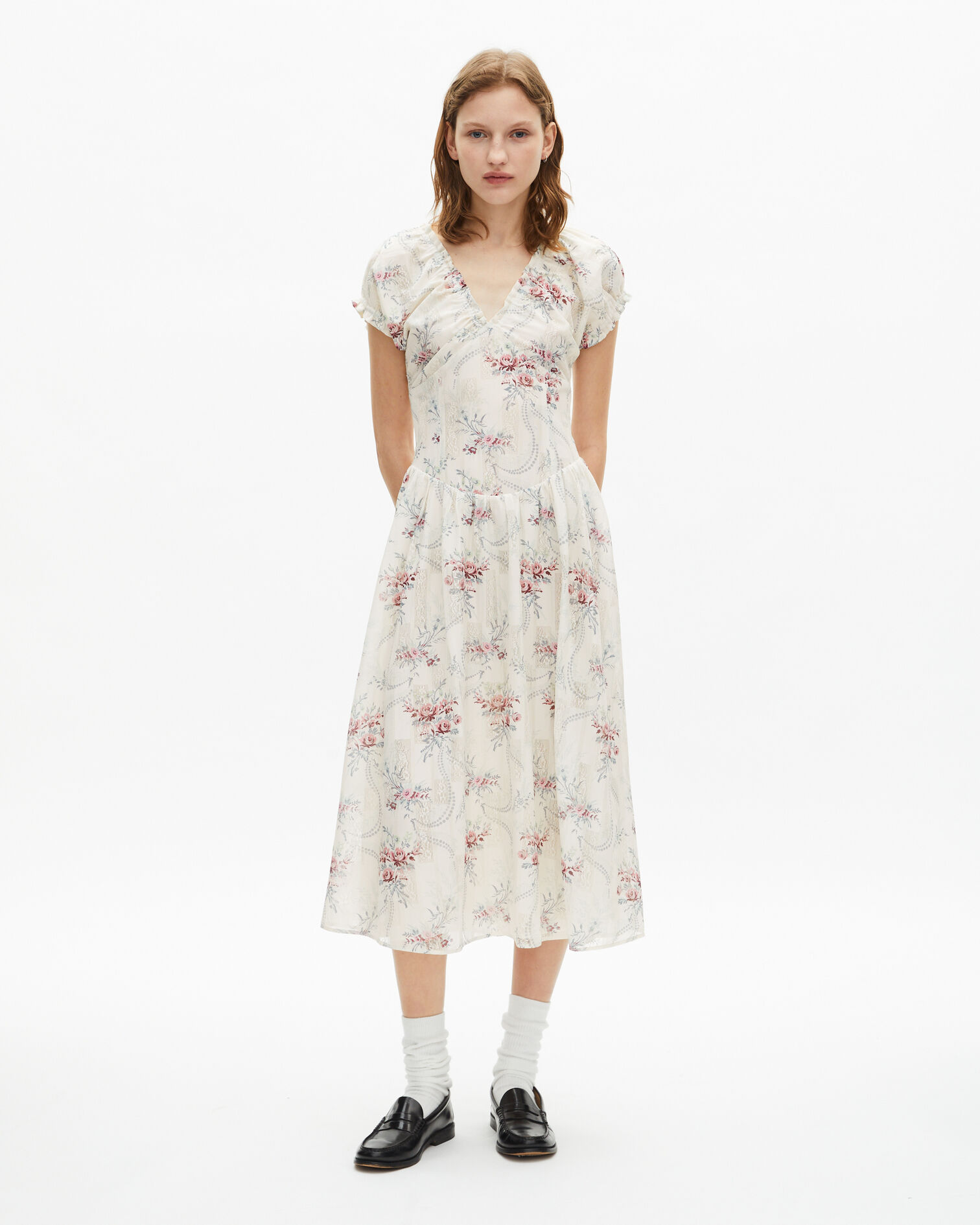 Langes weißes Kleid mit Blumenmuster, OFF WHITE / PINK, hi-res image number null