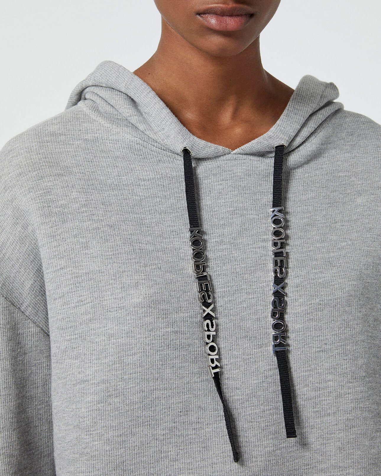 The Kooples FEMME LIGHT GREY MELANGE sweat gris à capuche et cordon imprimé