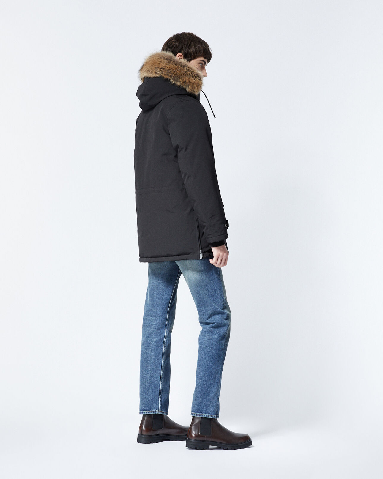 The Kooples HOMBRE BLACK parka negra larga detalle piel