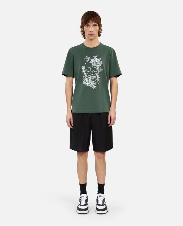 camiseta hombre verde serigrafía flower skull