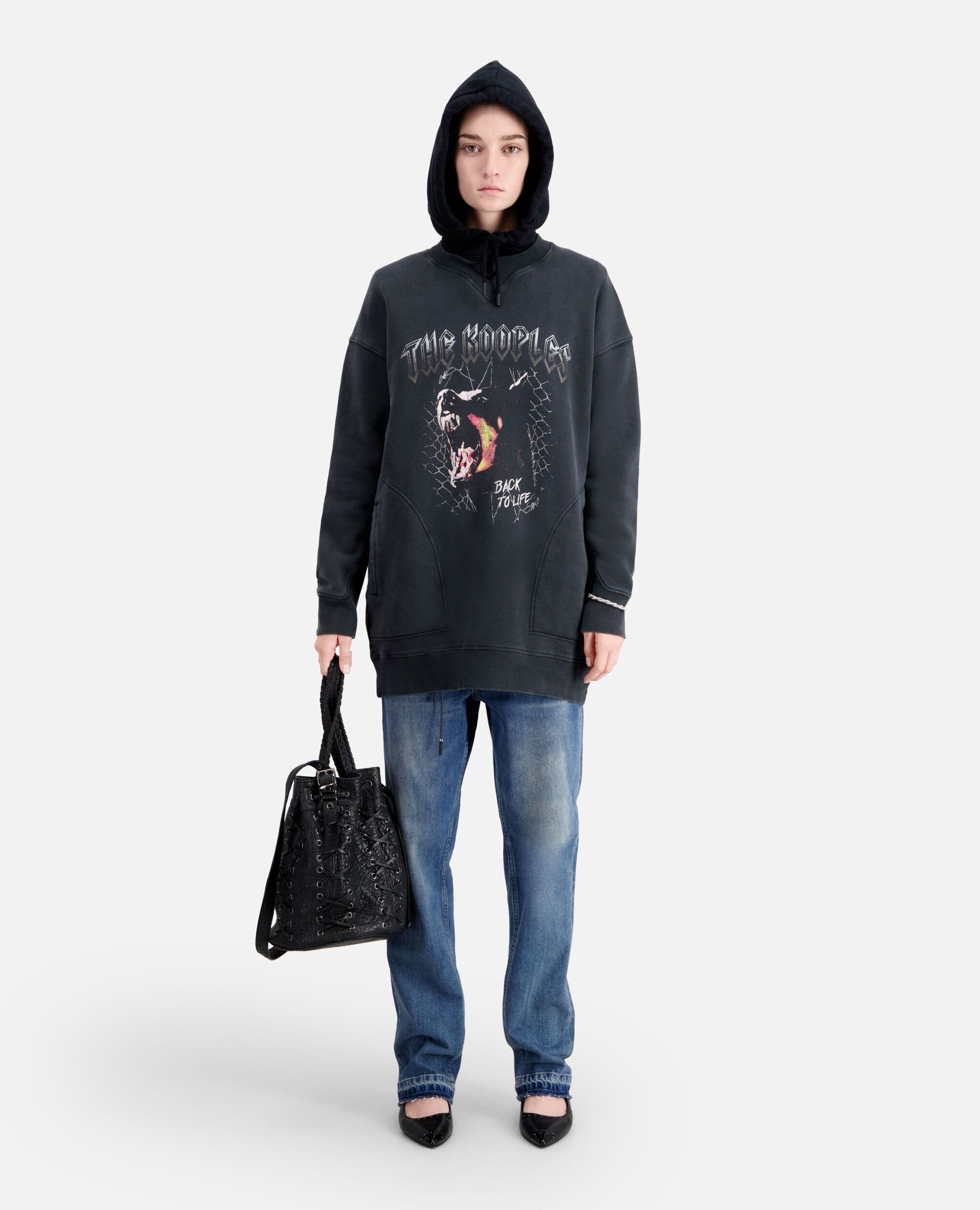 Robe Femme type sweatshirt noire avec sérigraphie Barking dog, BLACK WASHED, hi-res image number null
