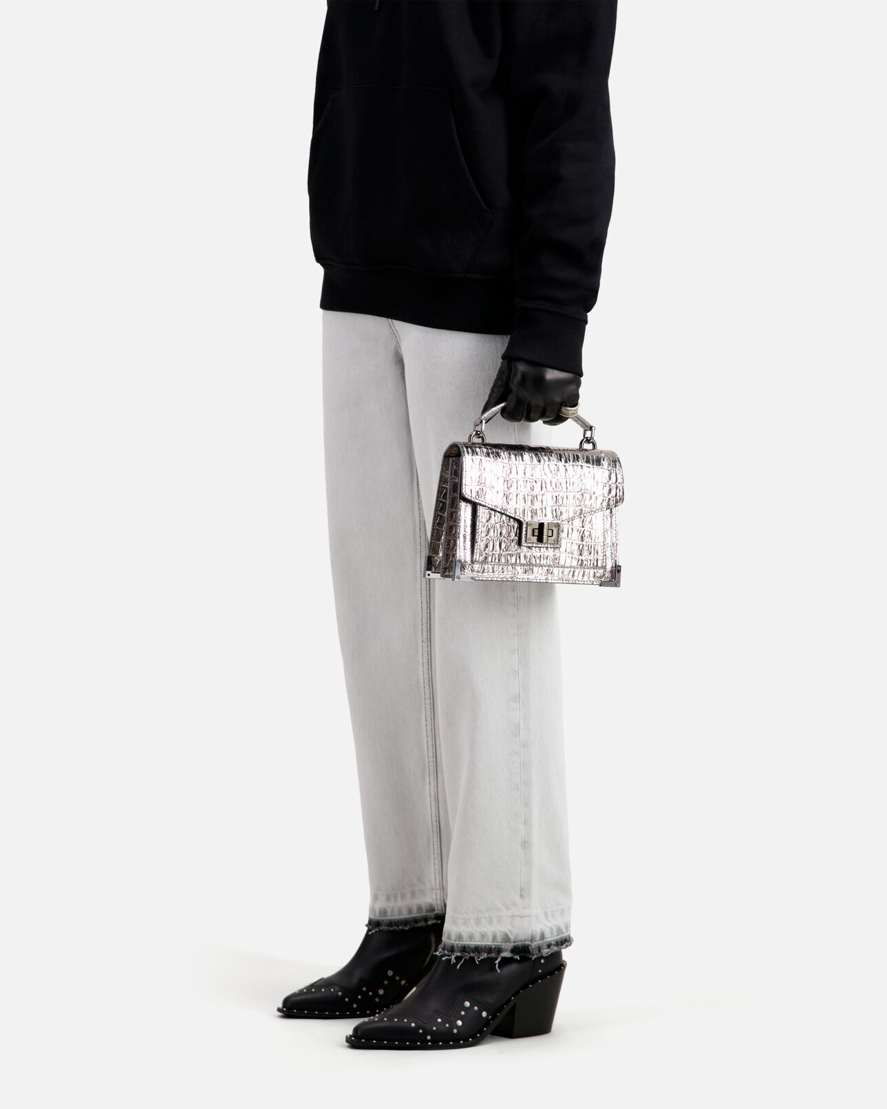 The Kooples FEMME ANTIC SILVER sac emily small effet crocodile cuir argenté