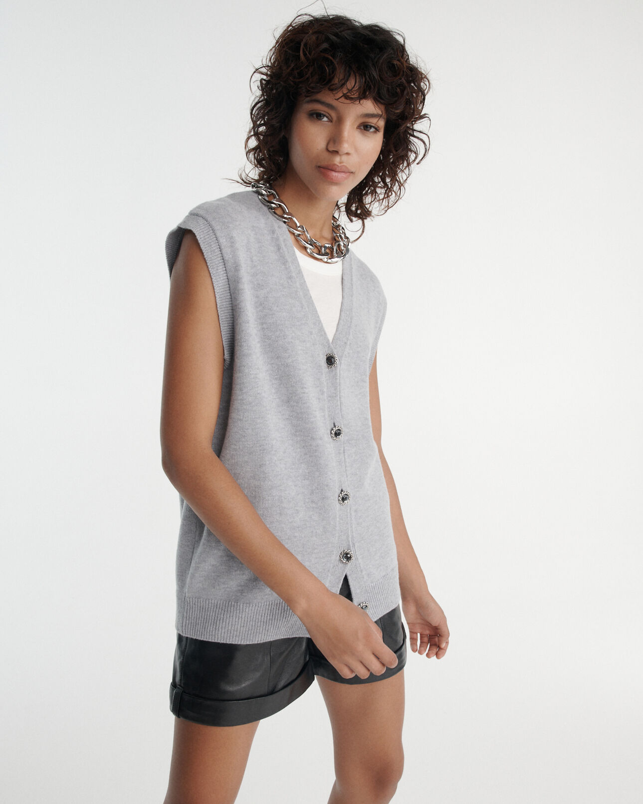 The Kooples WOMEN GREY MELANGE gray wool cardigan with jewel buttons