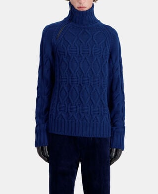 The Kooples HOMME ROYAL BLUE - DARK NAVY pull bleu en laine torsad&eacute;e avec zip
