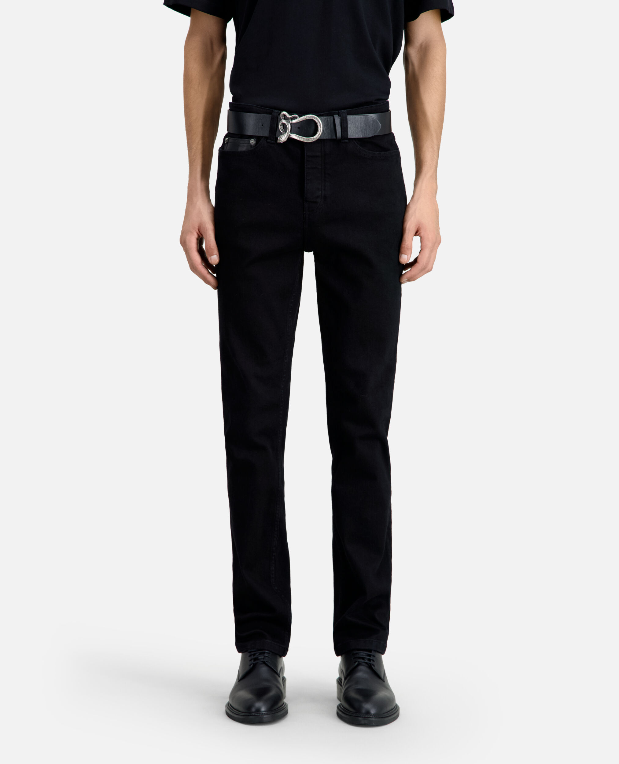 Jean noir slim avec poche en cuir, BLACK, hi-res image number null