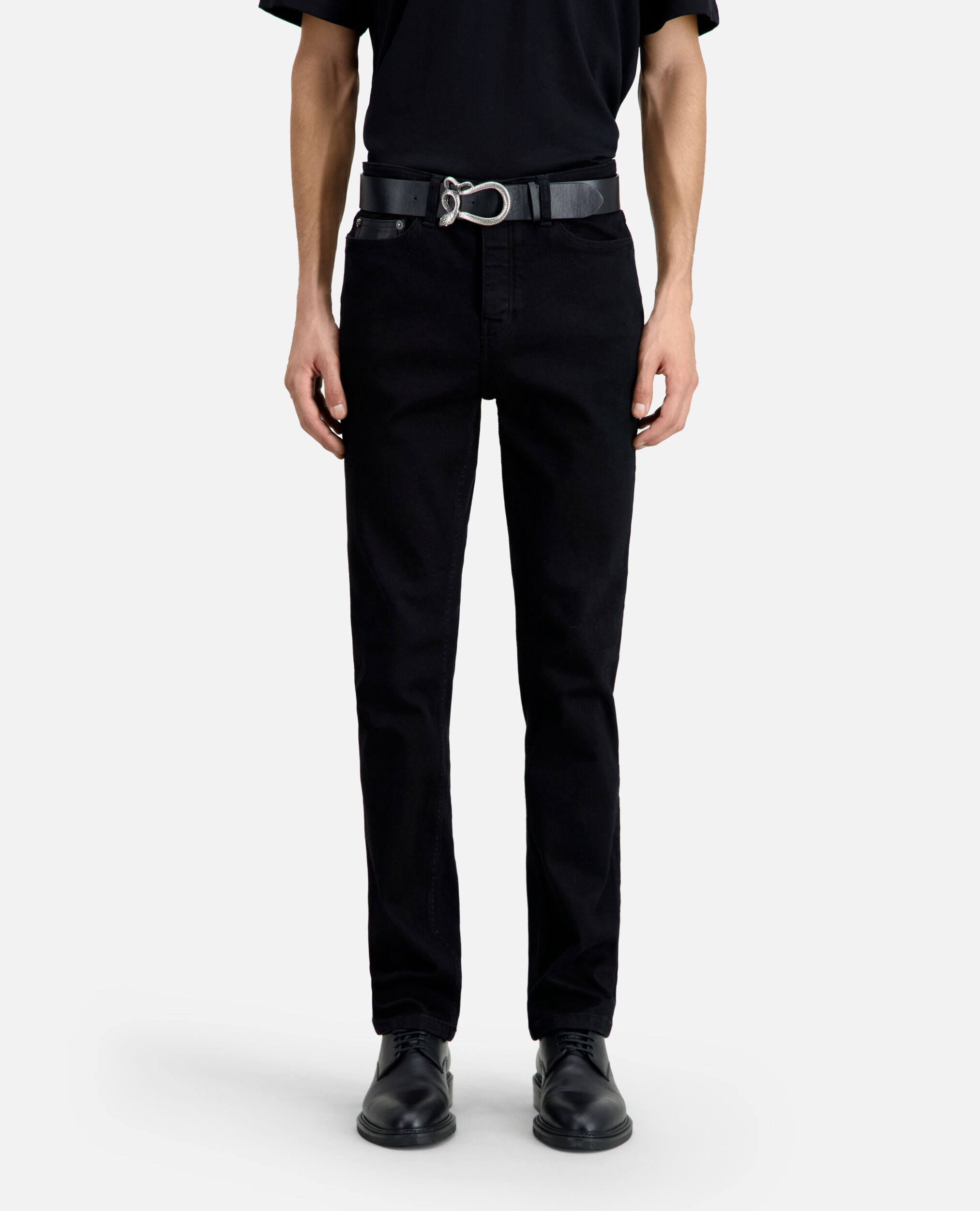 Slim black jeans with leather pocket, BLACK, hi-res image number null