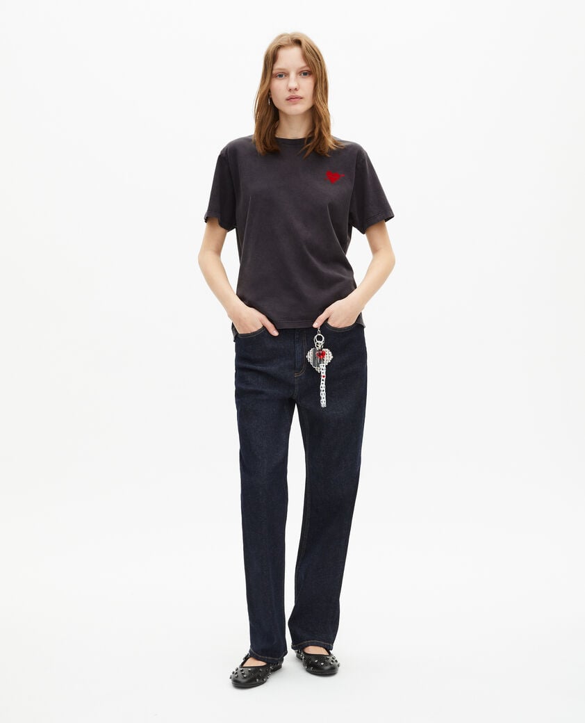 The Kooples WOMEN BLACK WASHED black t-shirt with heart flocking