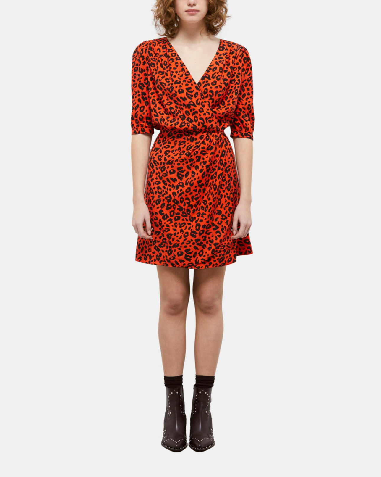 The Kooples WOMEN ORANGE - BLACK leopard print short dress