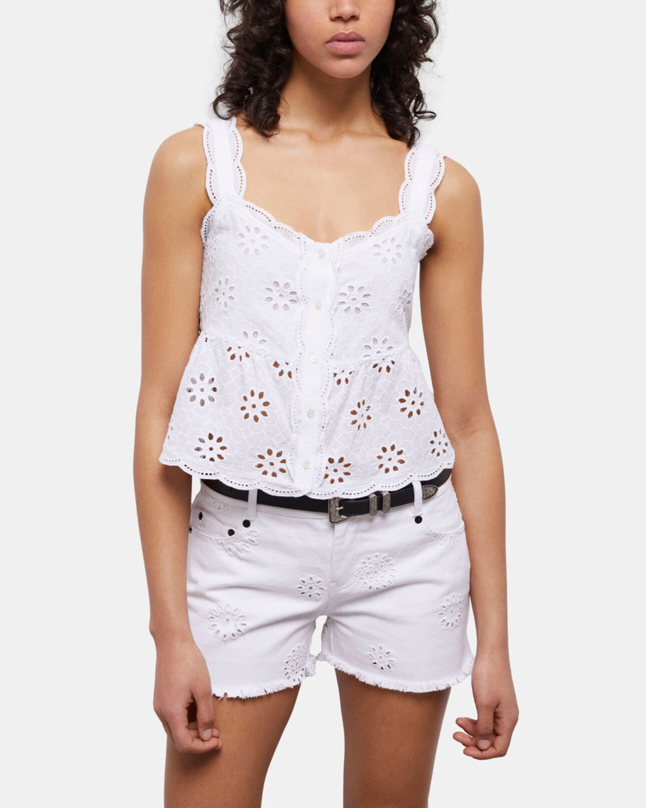 The Kooples FEMME WHITE short en denim blanc avec broderie anglaise