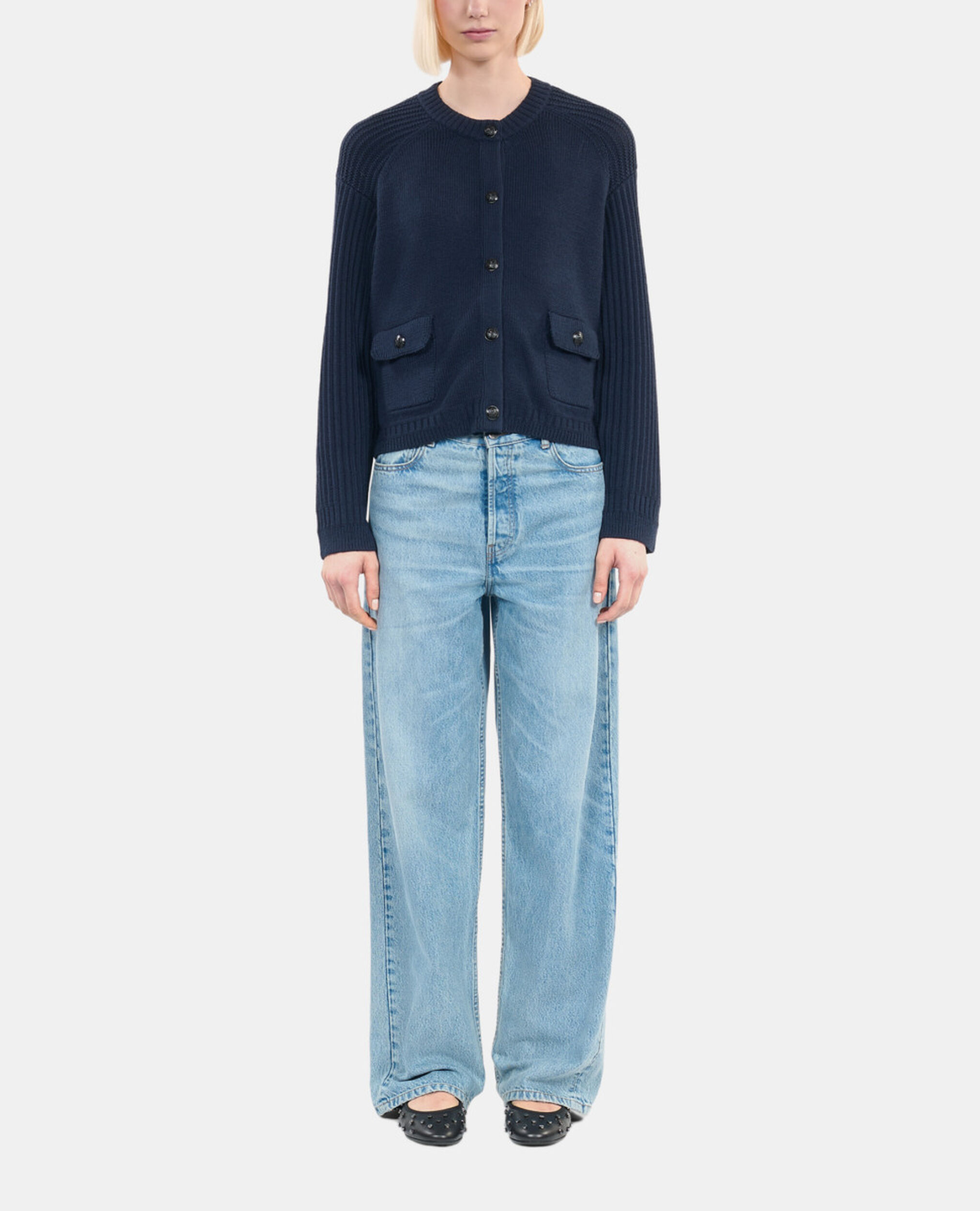Marineblaue Strickjacke aus Wolle, DARK BLUE, hi-res image number null