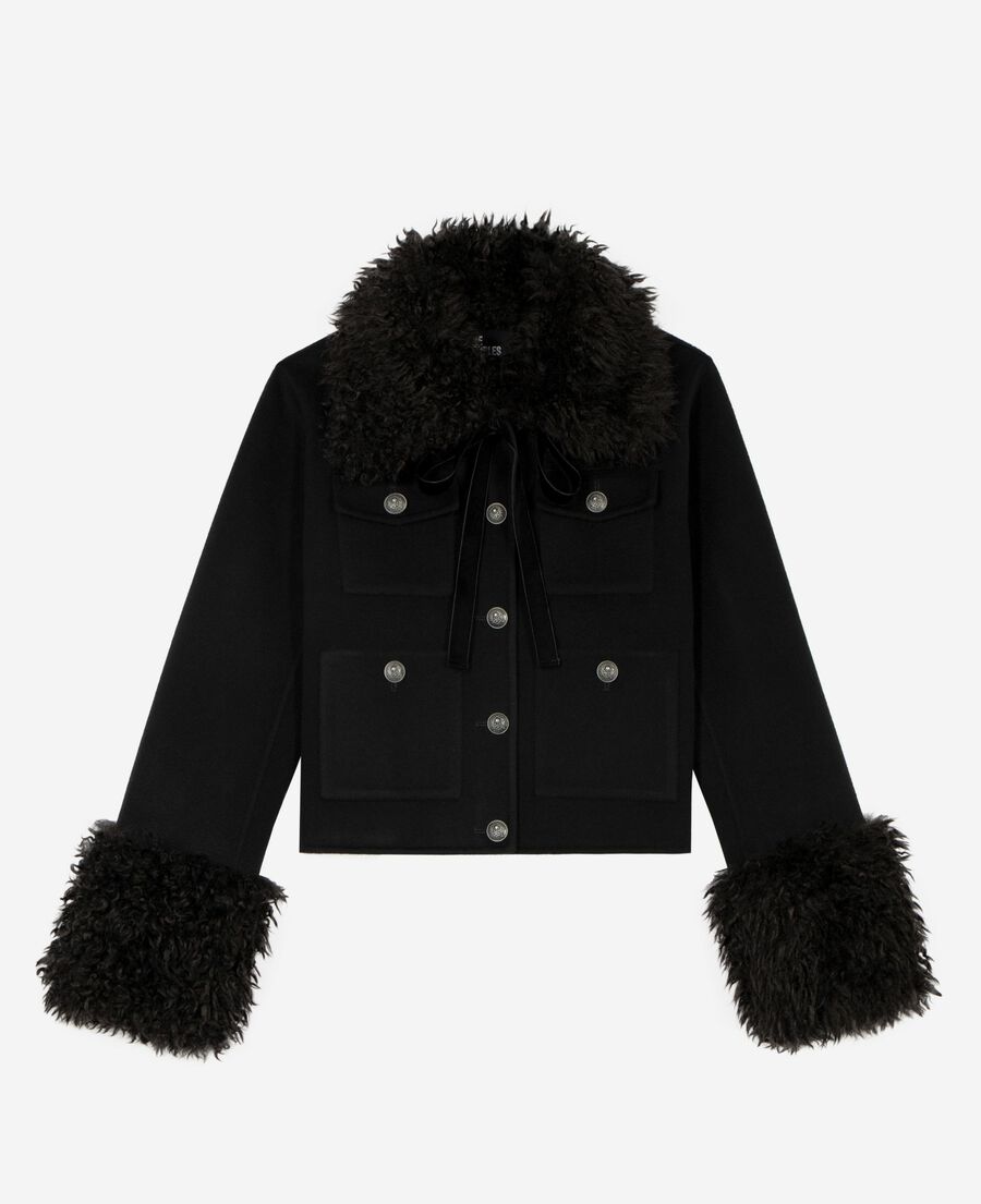 The Kooples F BLACK short black wool jacket with sherpa collar