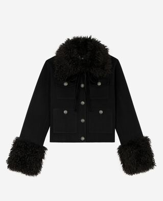 The Kooples F BLACK short black wool jacket with sherpa collar