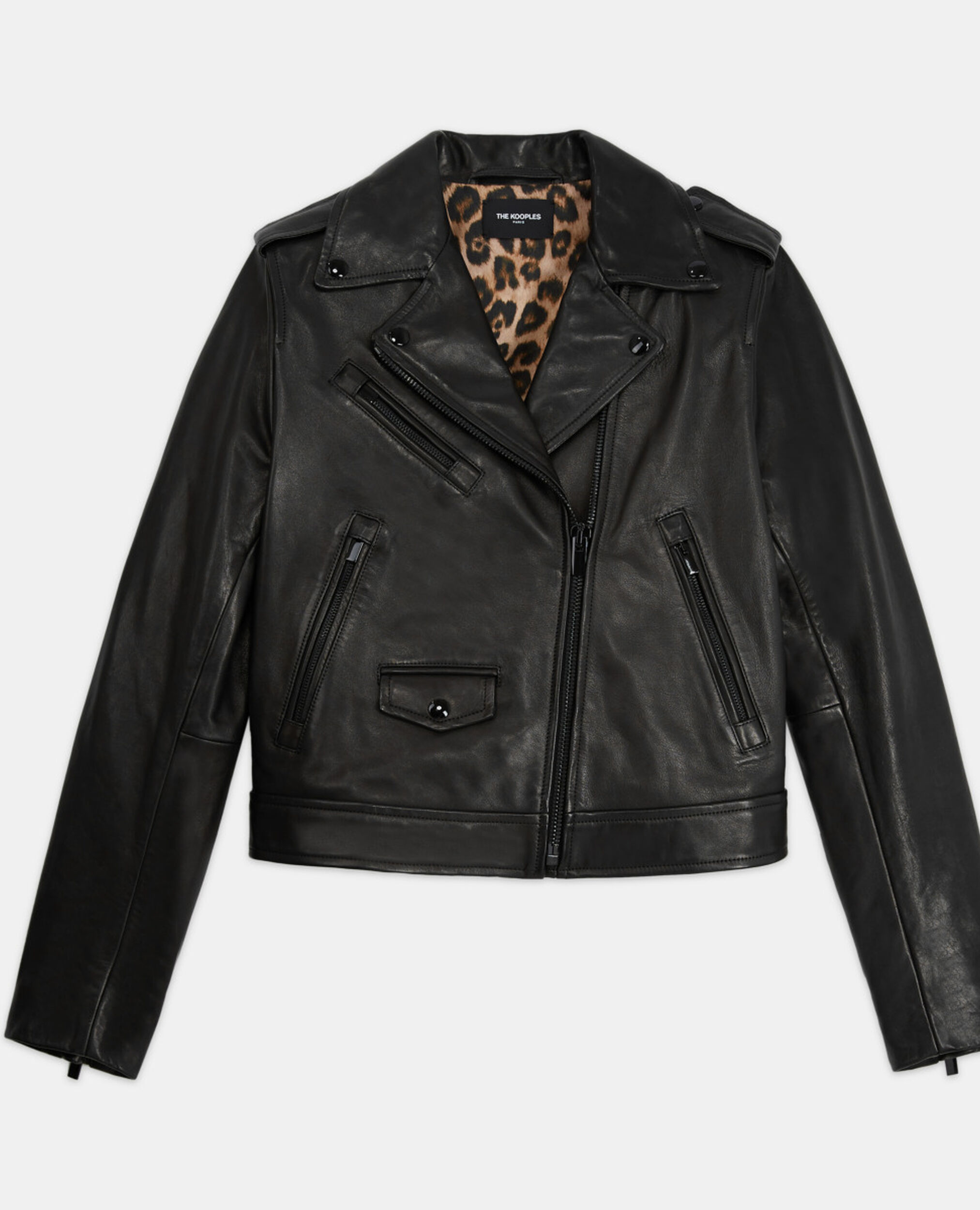 Black leather jacket with leopard lining, BLACK, hi-res image number null