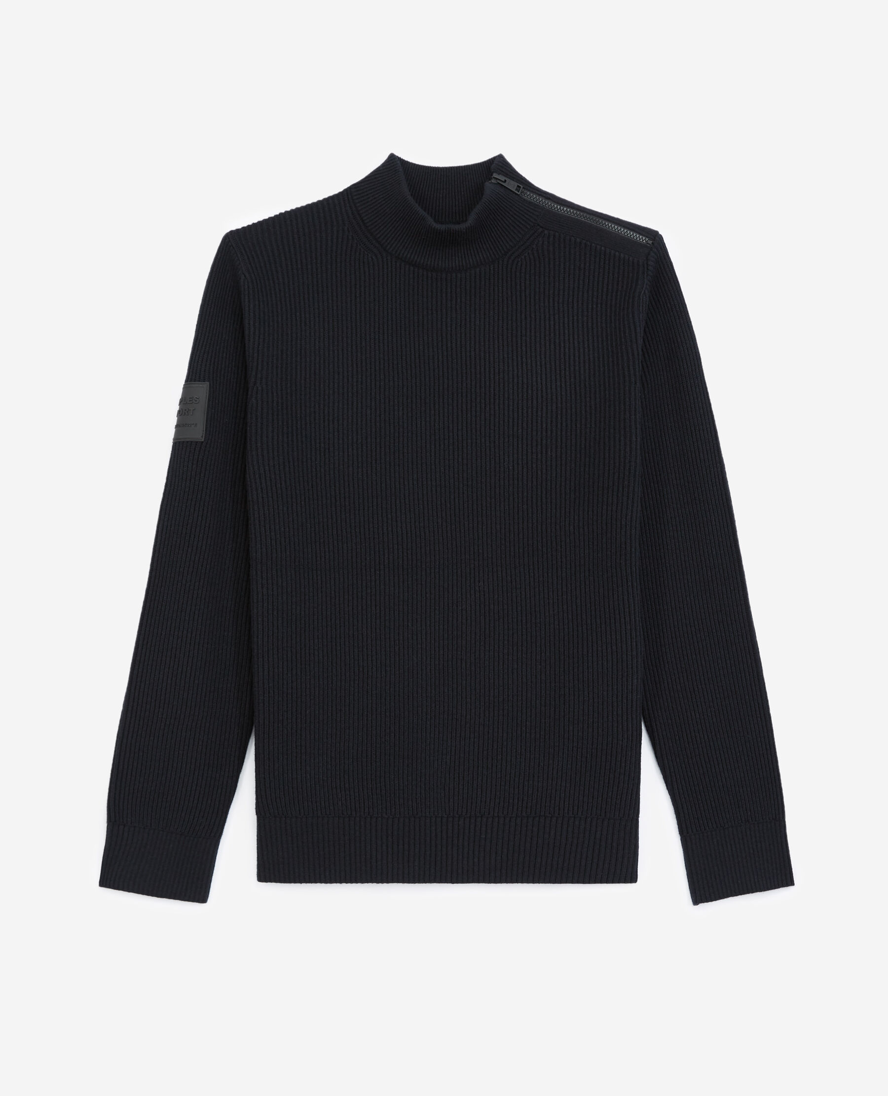 Black wool sweater with zipped high neck