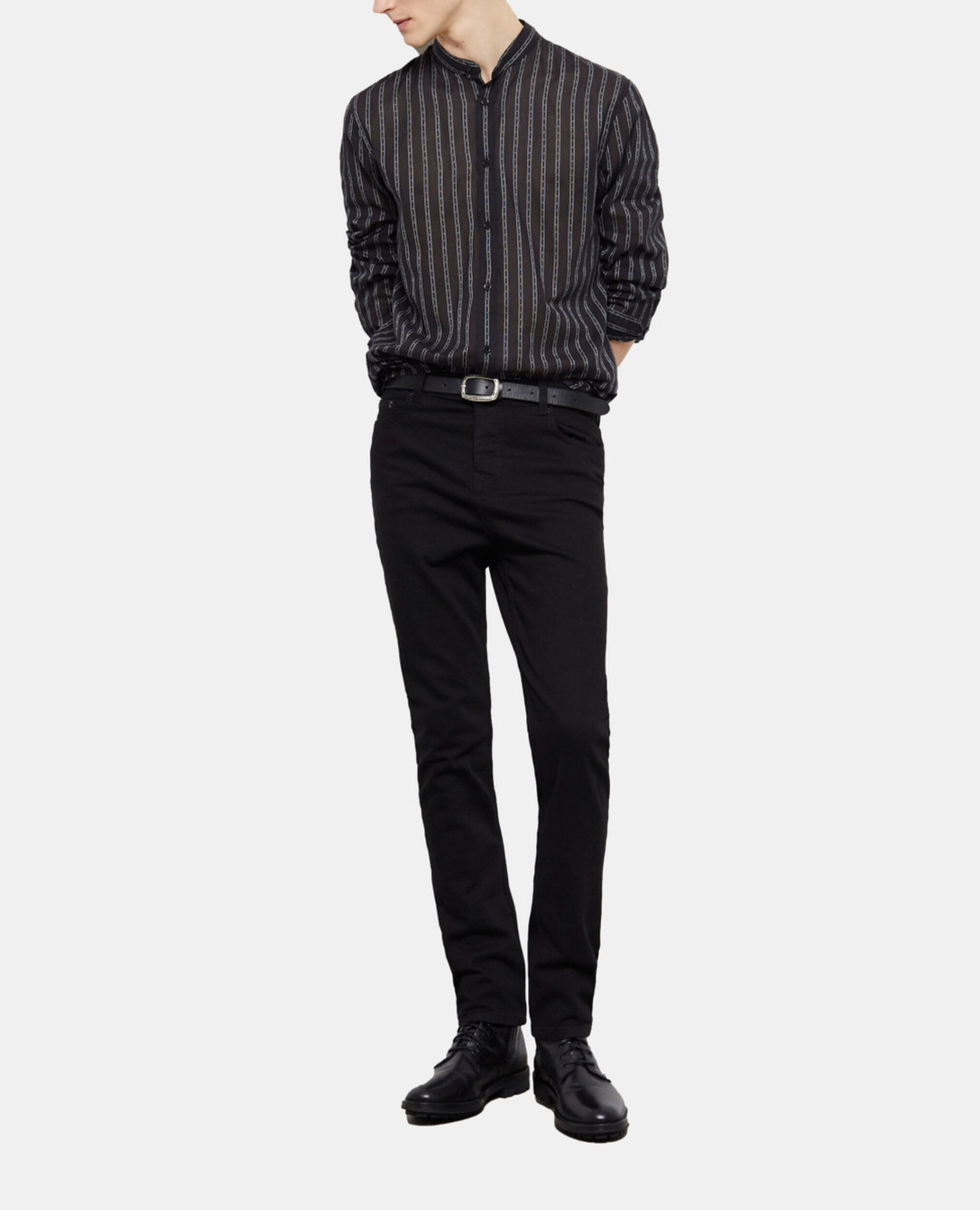 Black striped shirt with officer collar, BLACK, hi-res image number null